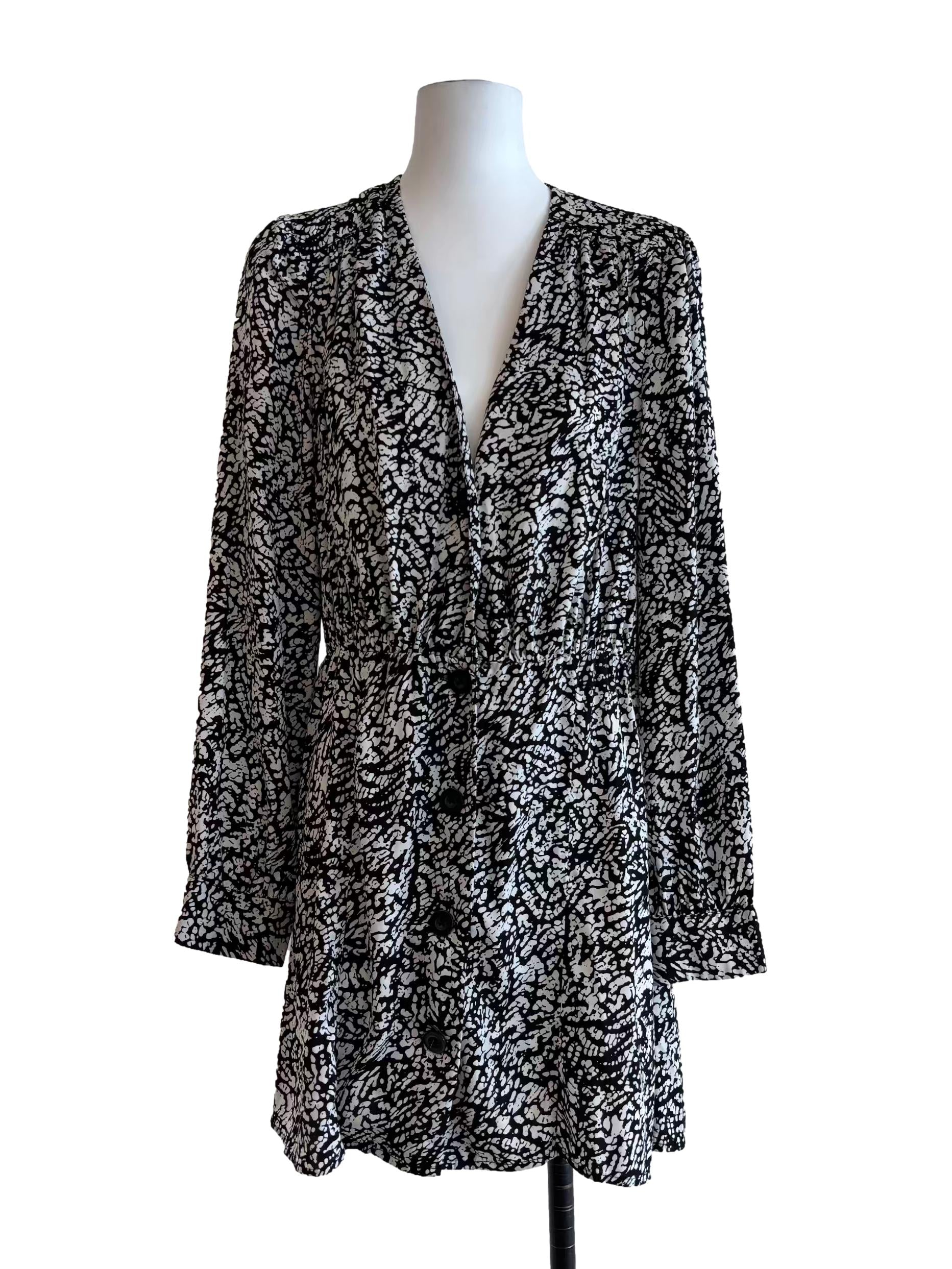 Powder White Black Printed Buttoned Dress
