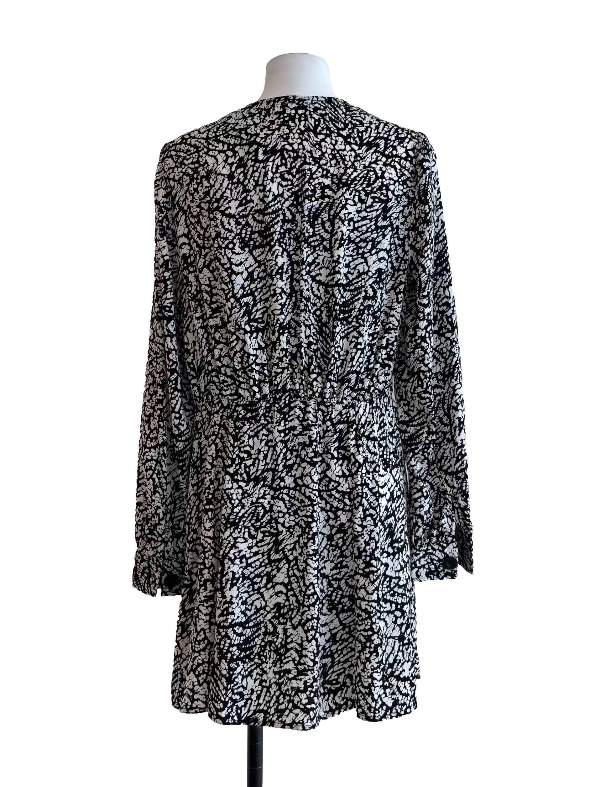Powder White Black Printed Buttoned Dress
