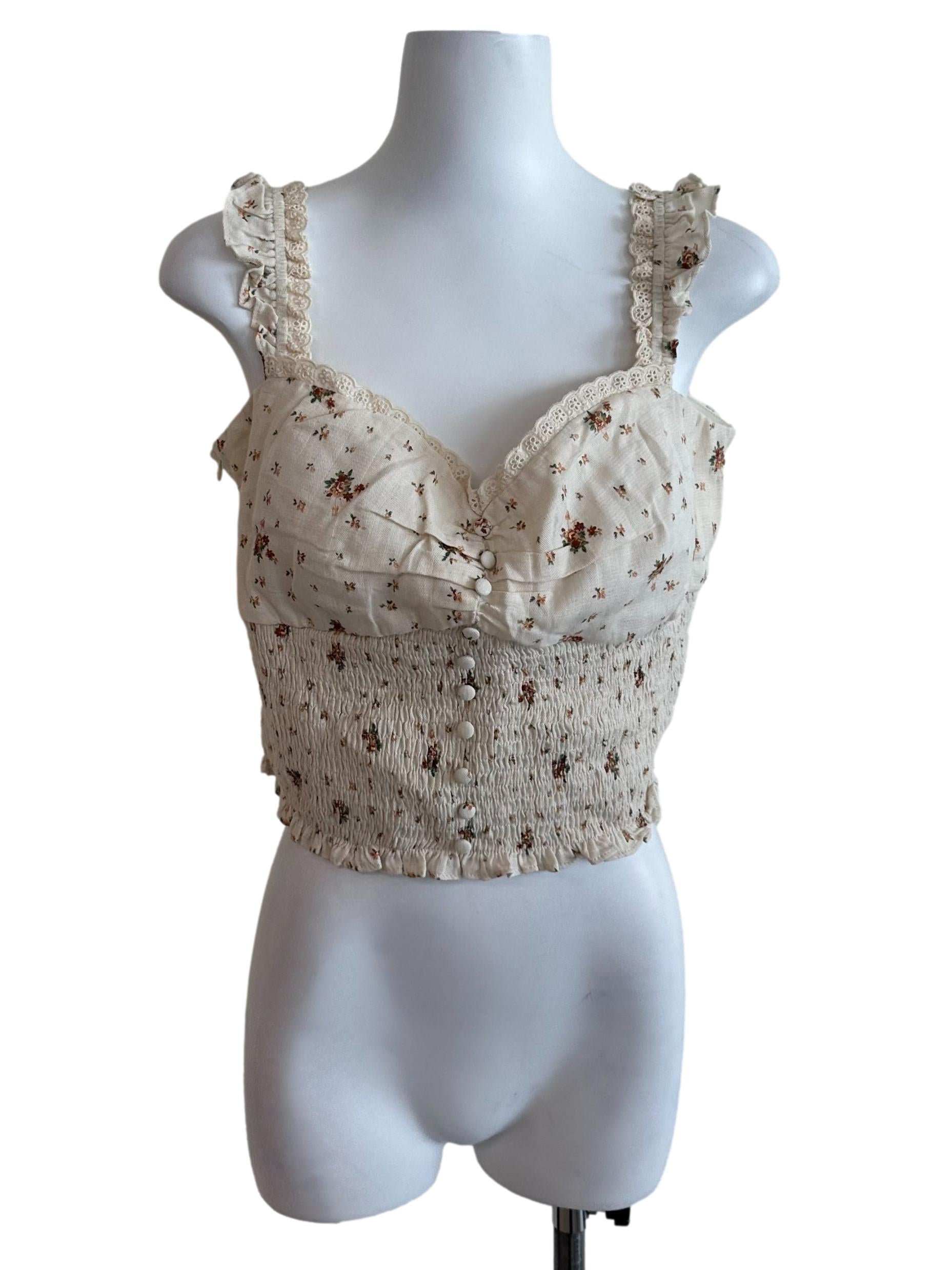 Oat Beige Floral Button Top