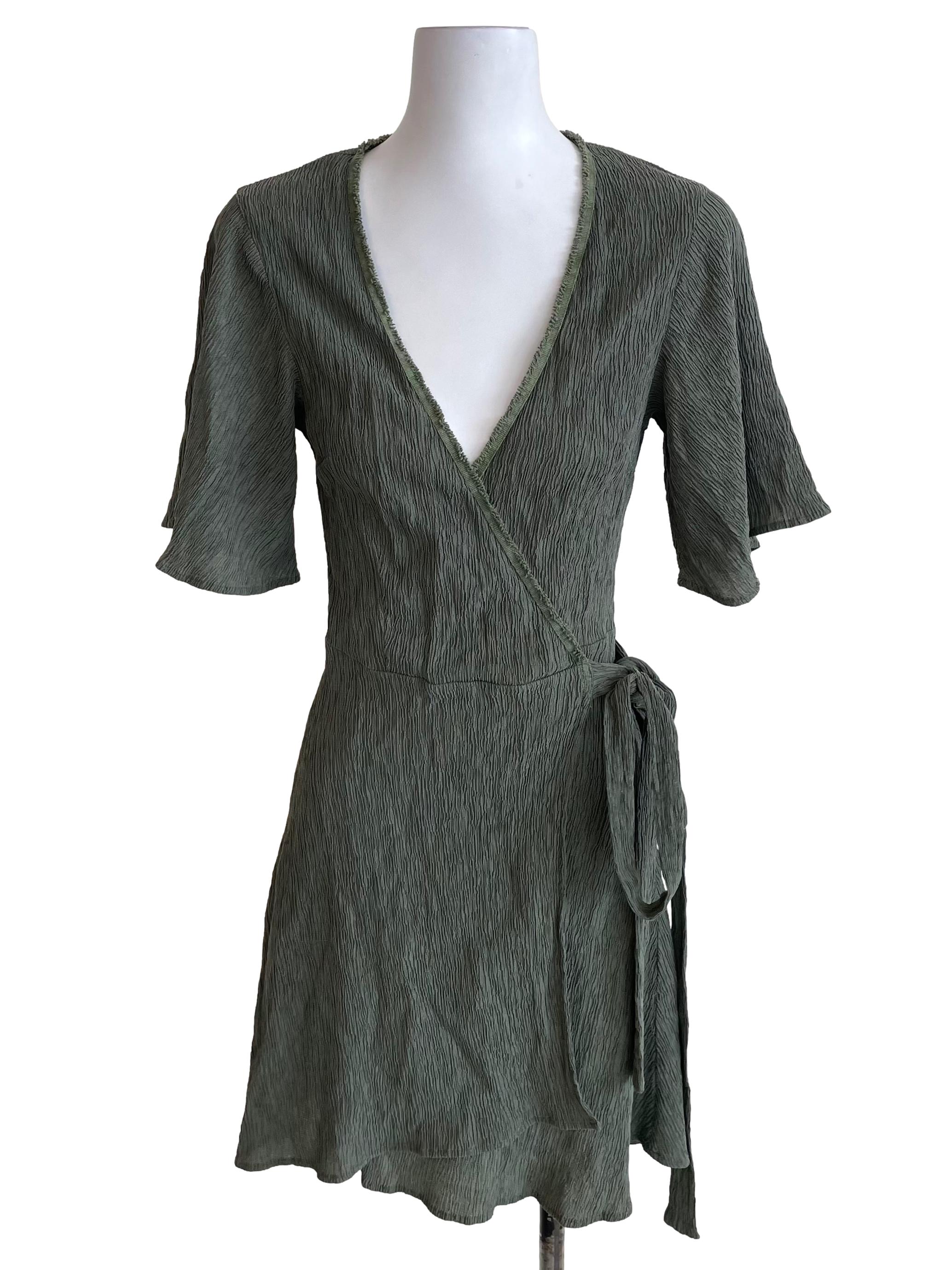Dark Sage Green Creased Wrap Dress