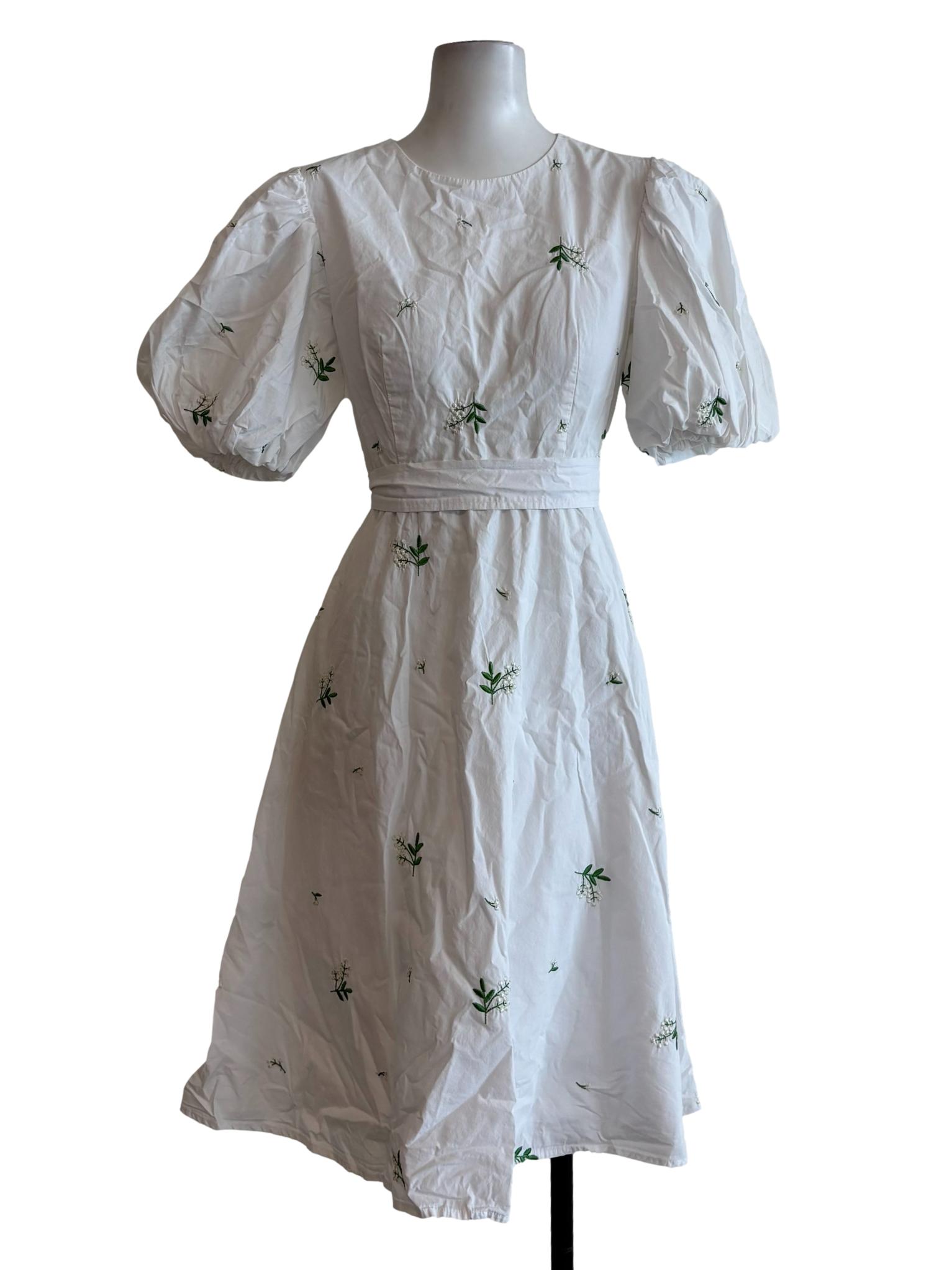 Powder White Short Puff Sleeve A-Line Dress