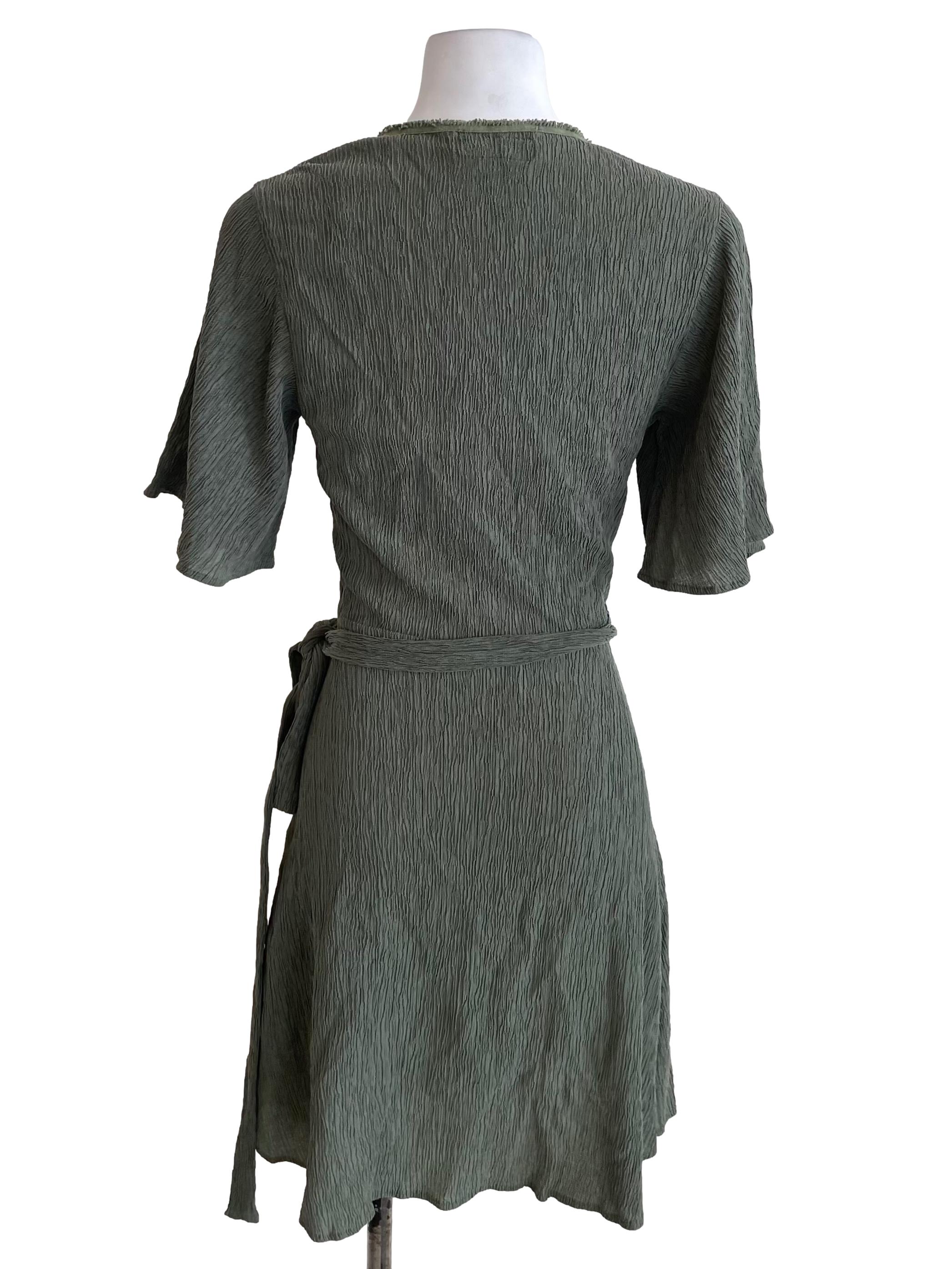 Dark Sage Green Creased Wrap Dress