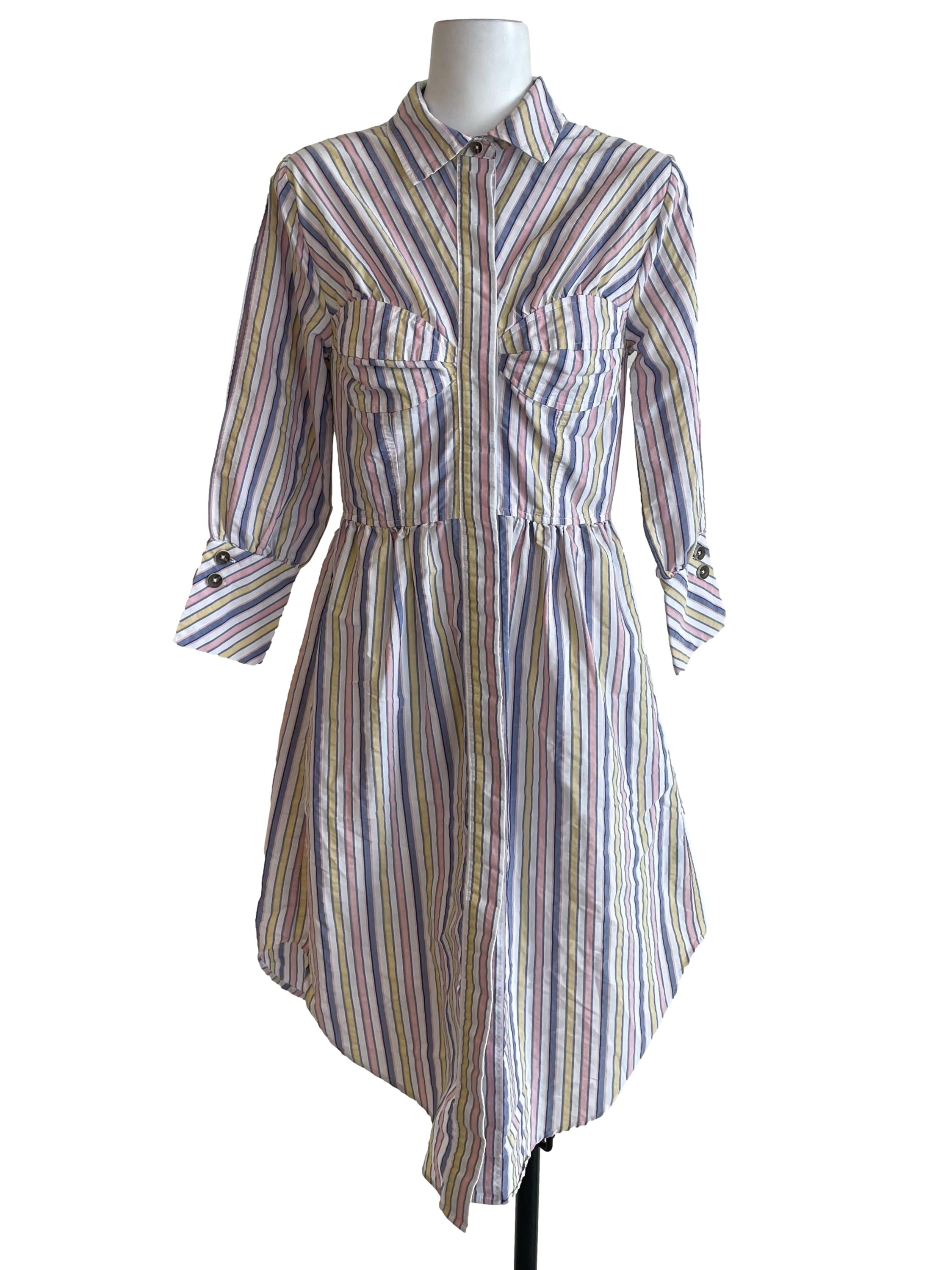 White Stripes Slit Sleeves Shirt Dress