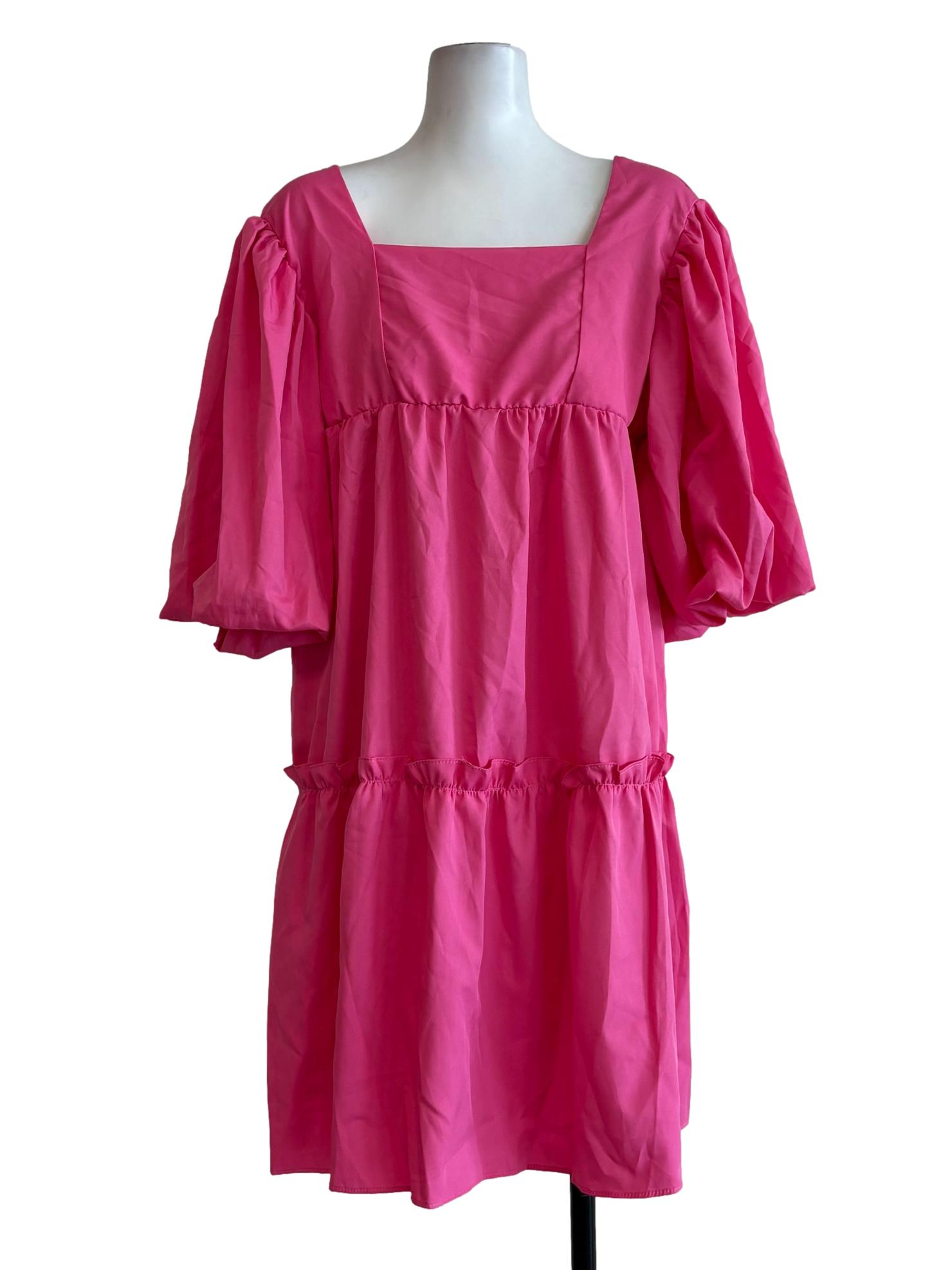 Bright Pink Quarter Puff Sleeve Flare Dress