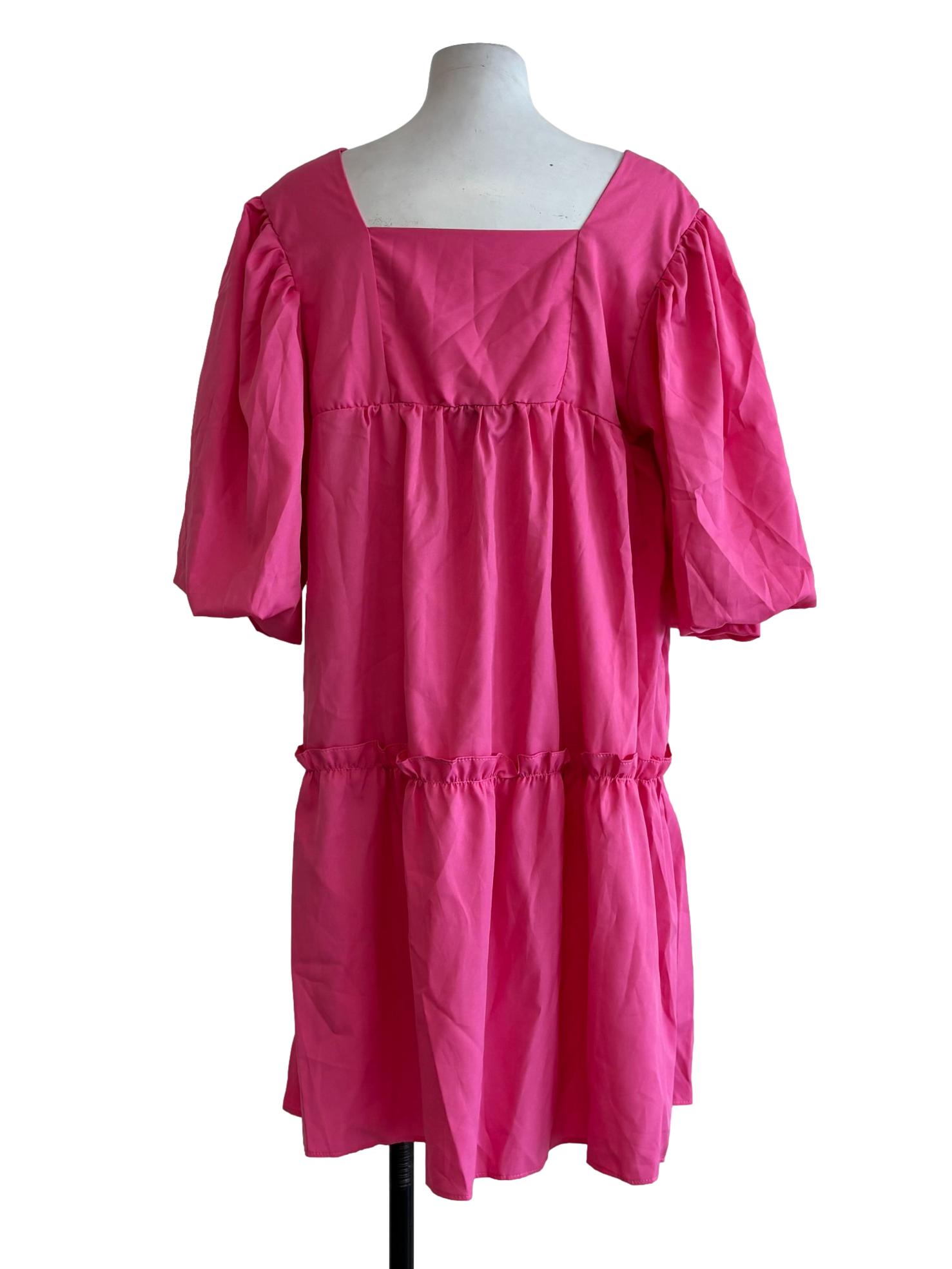Bright Pink Quarter Puff Sleeve Flare Dress