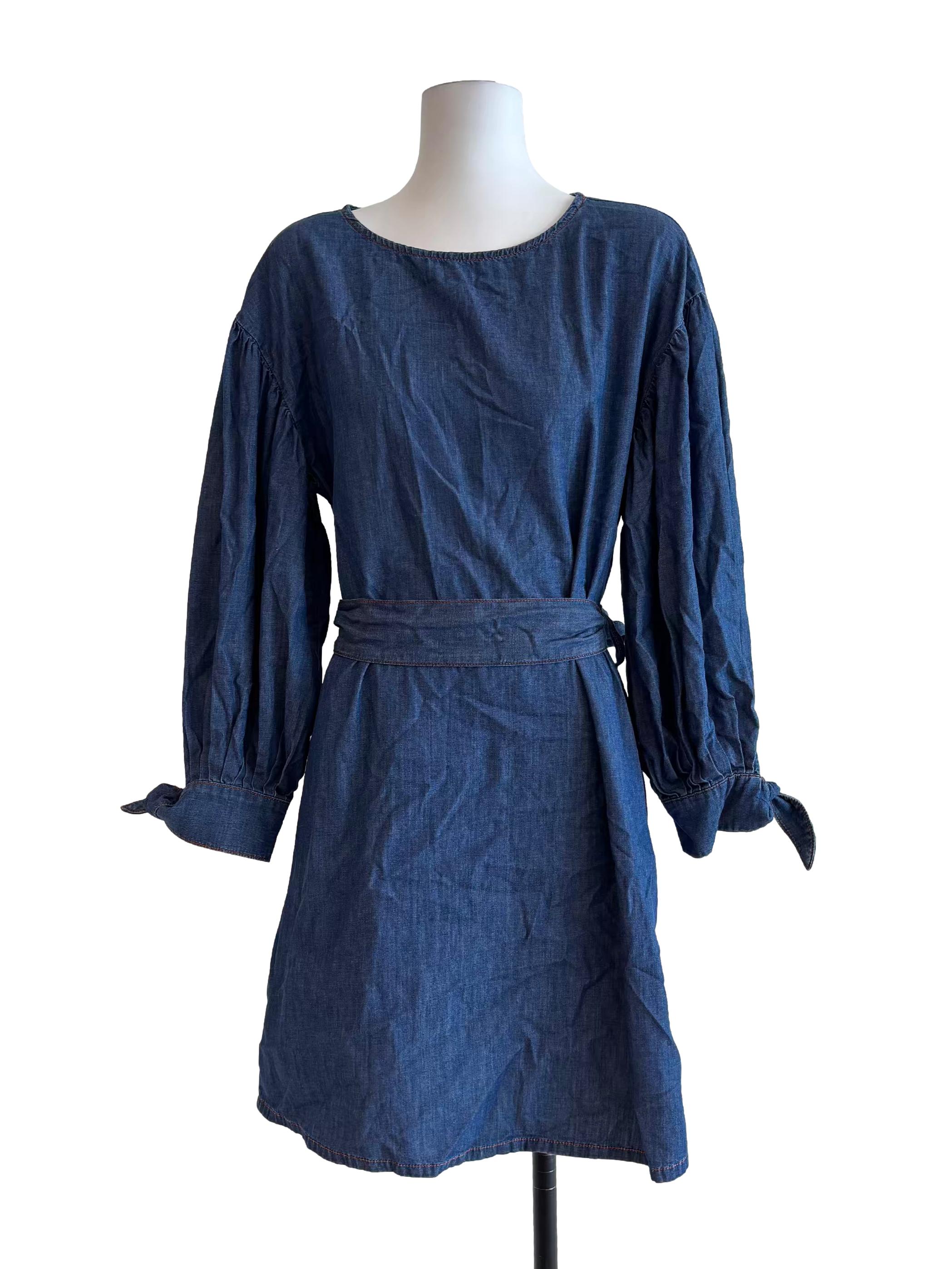 Blue Long Sleeve Cotton Denim Dress