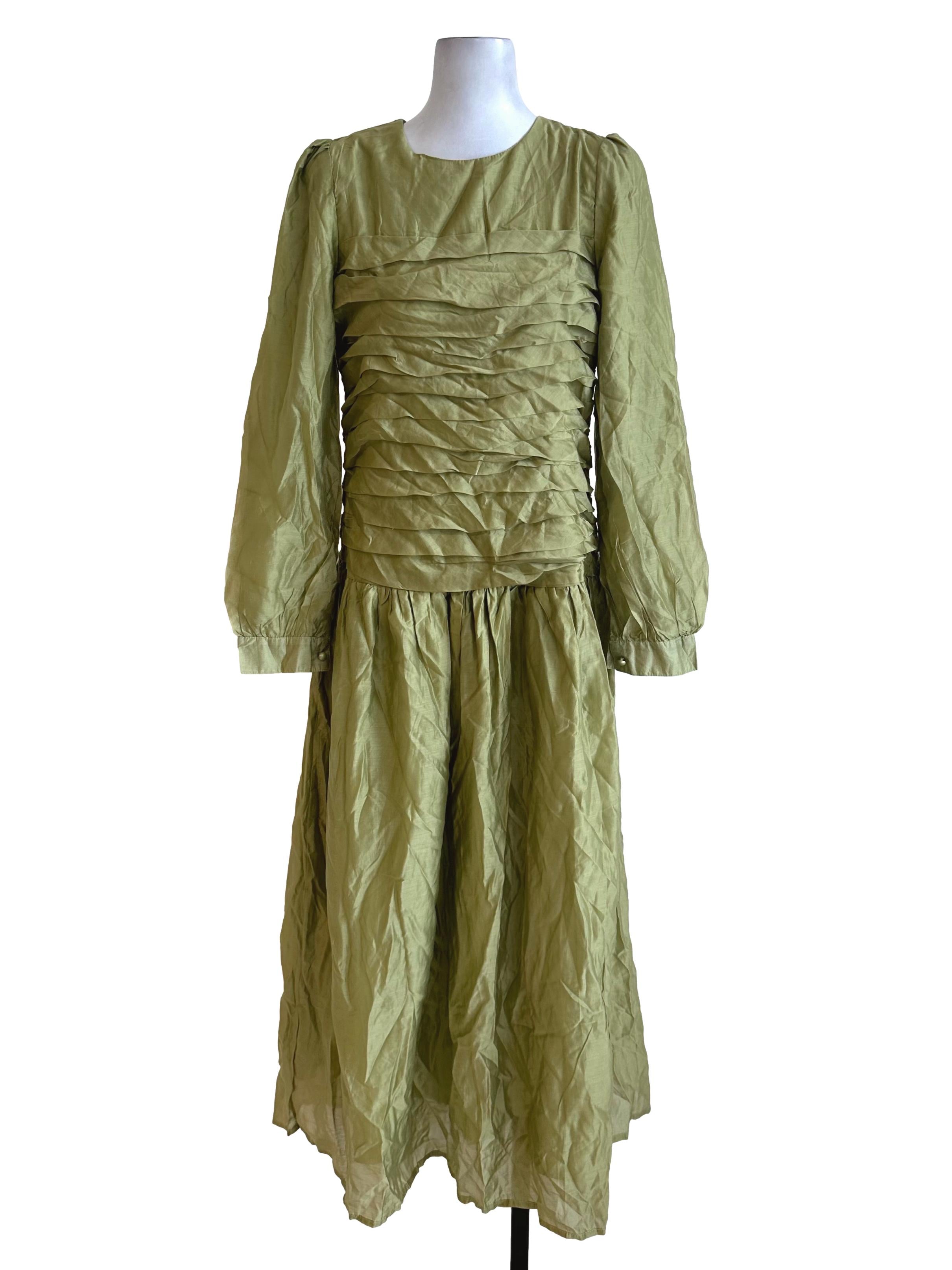 Olive Green Pleated Drop Waist Dress
