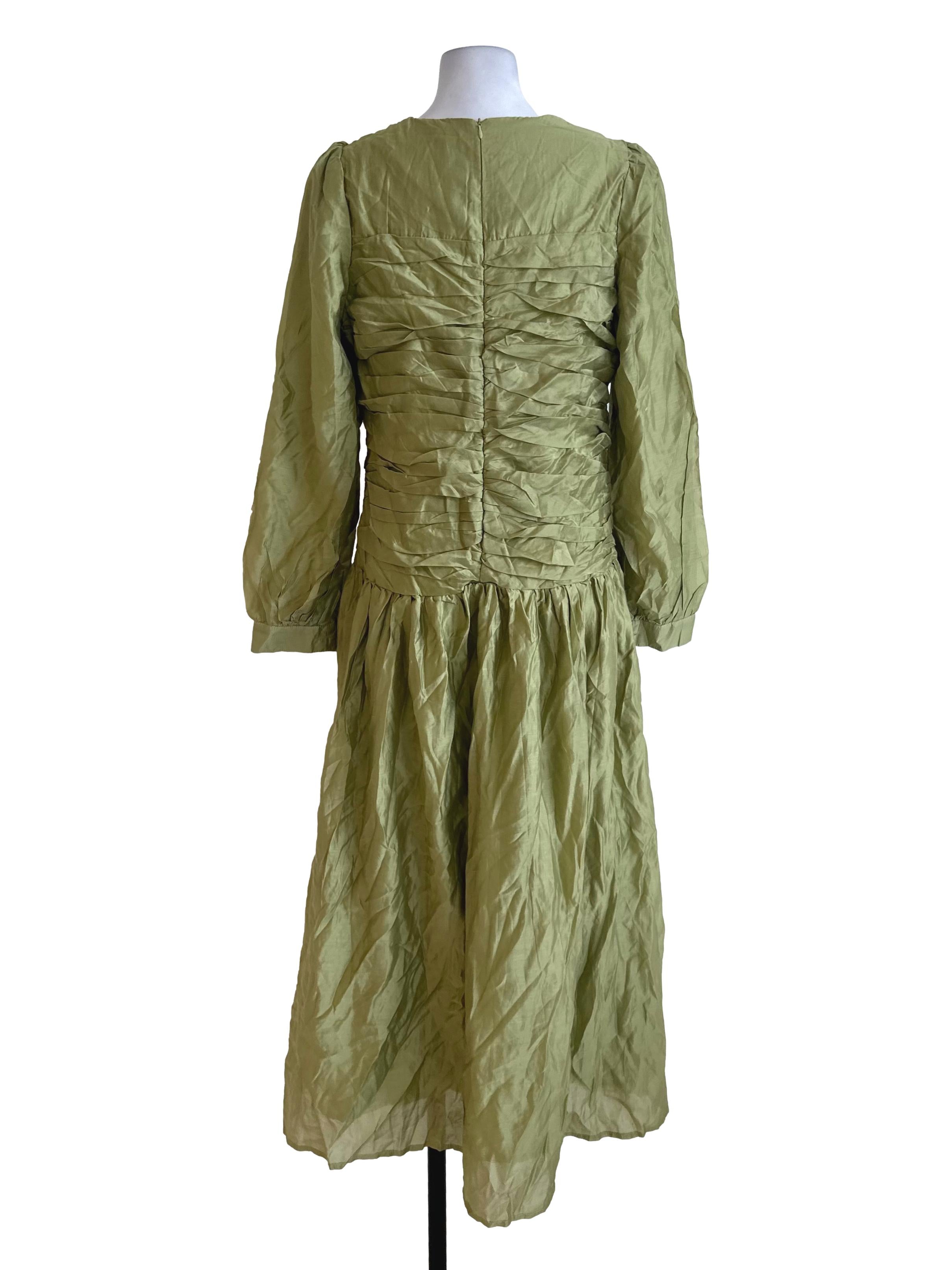 Olive Green Pleated Drop Waist Dress