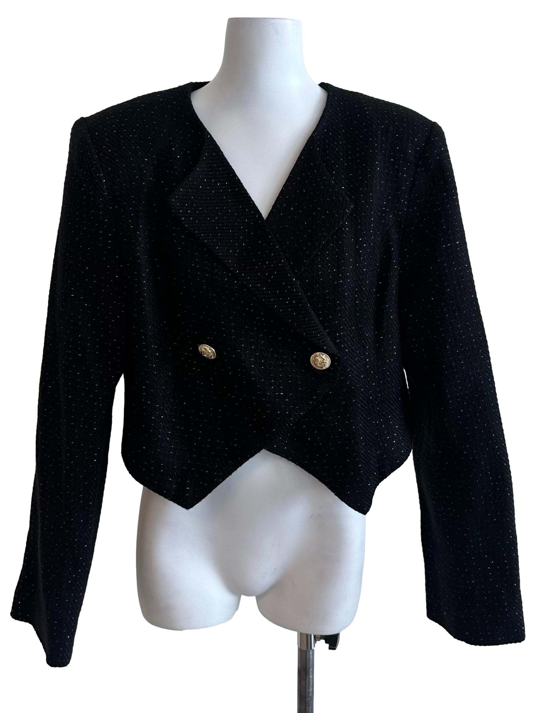 Rich Black Tweed Textured Button Jacket