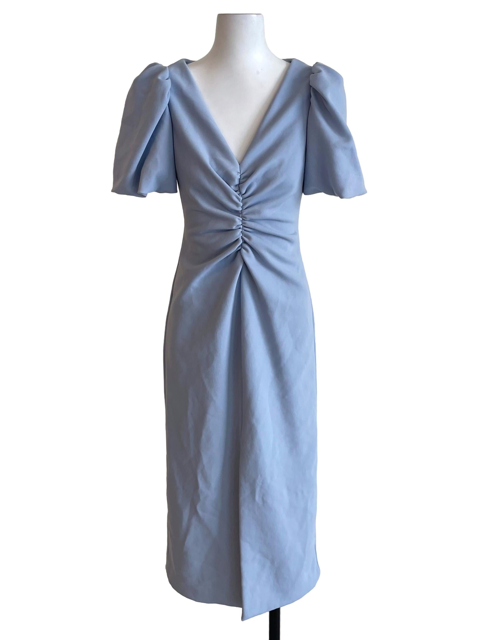 Light Blue Puff Sleeves Ruched Bodycon Dress