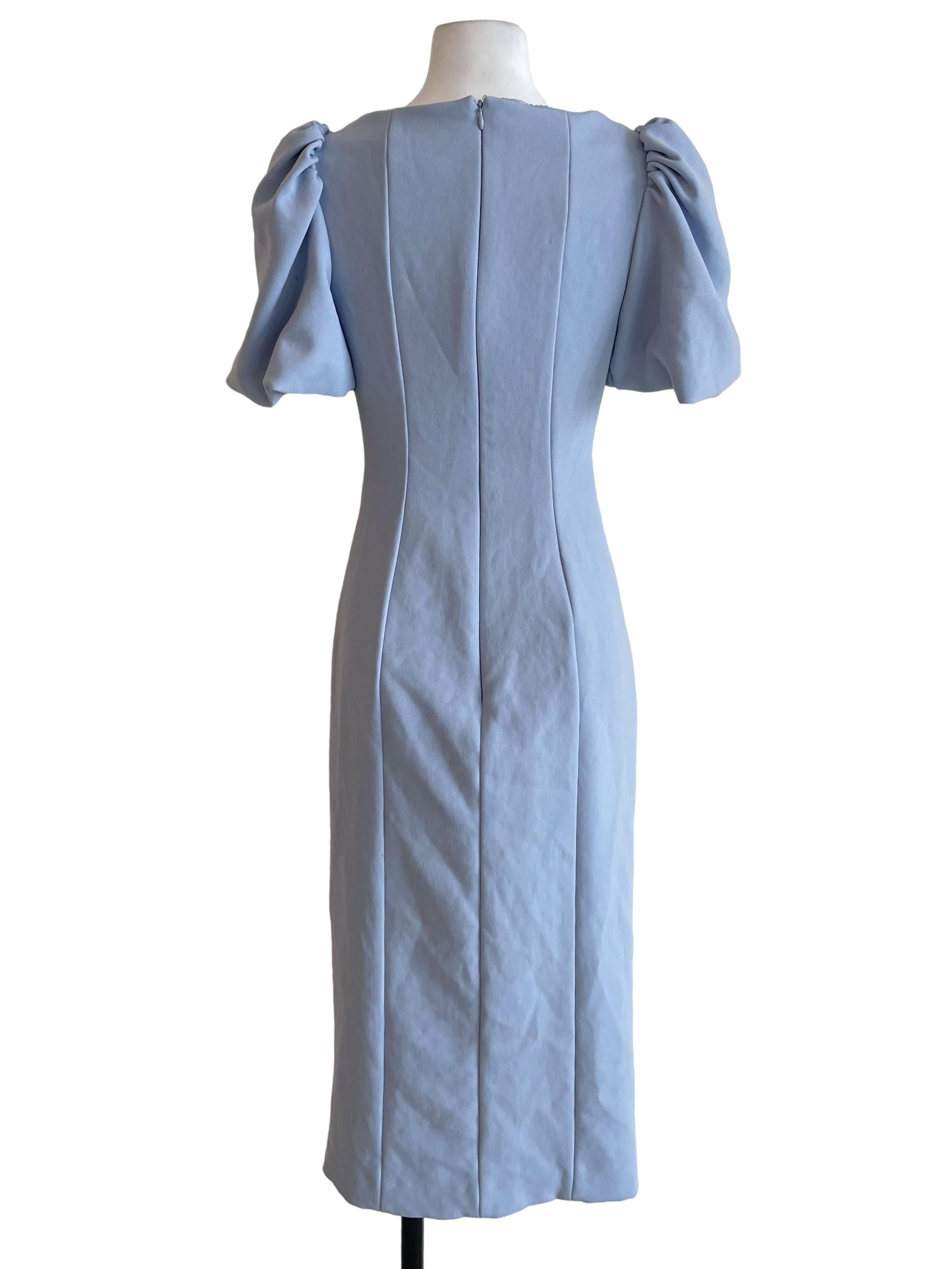 Light Blue Puff Sleeves Ruched Bodycon Dress