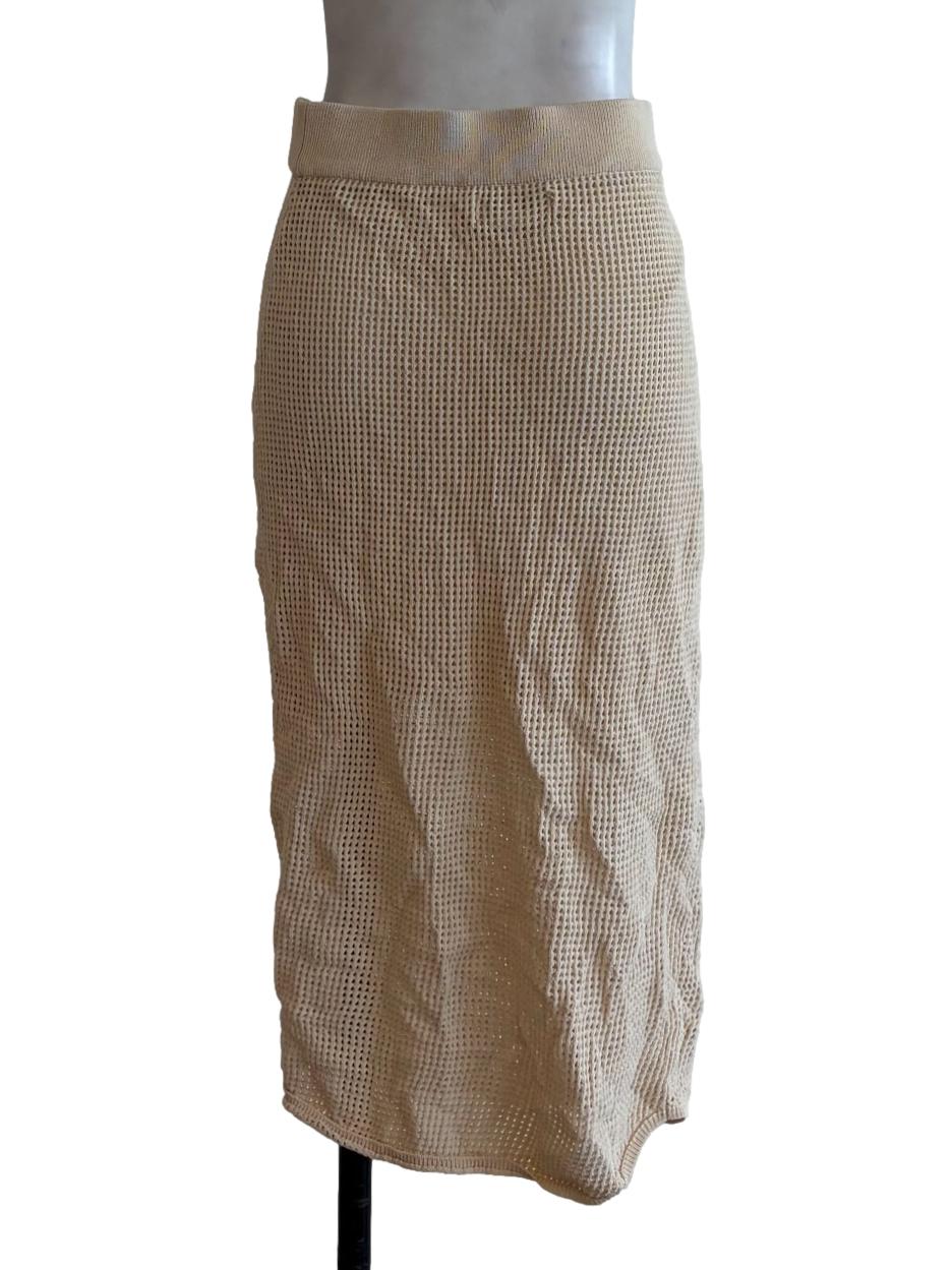Beige Mesh Knit Knee-Length Skirt