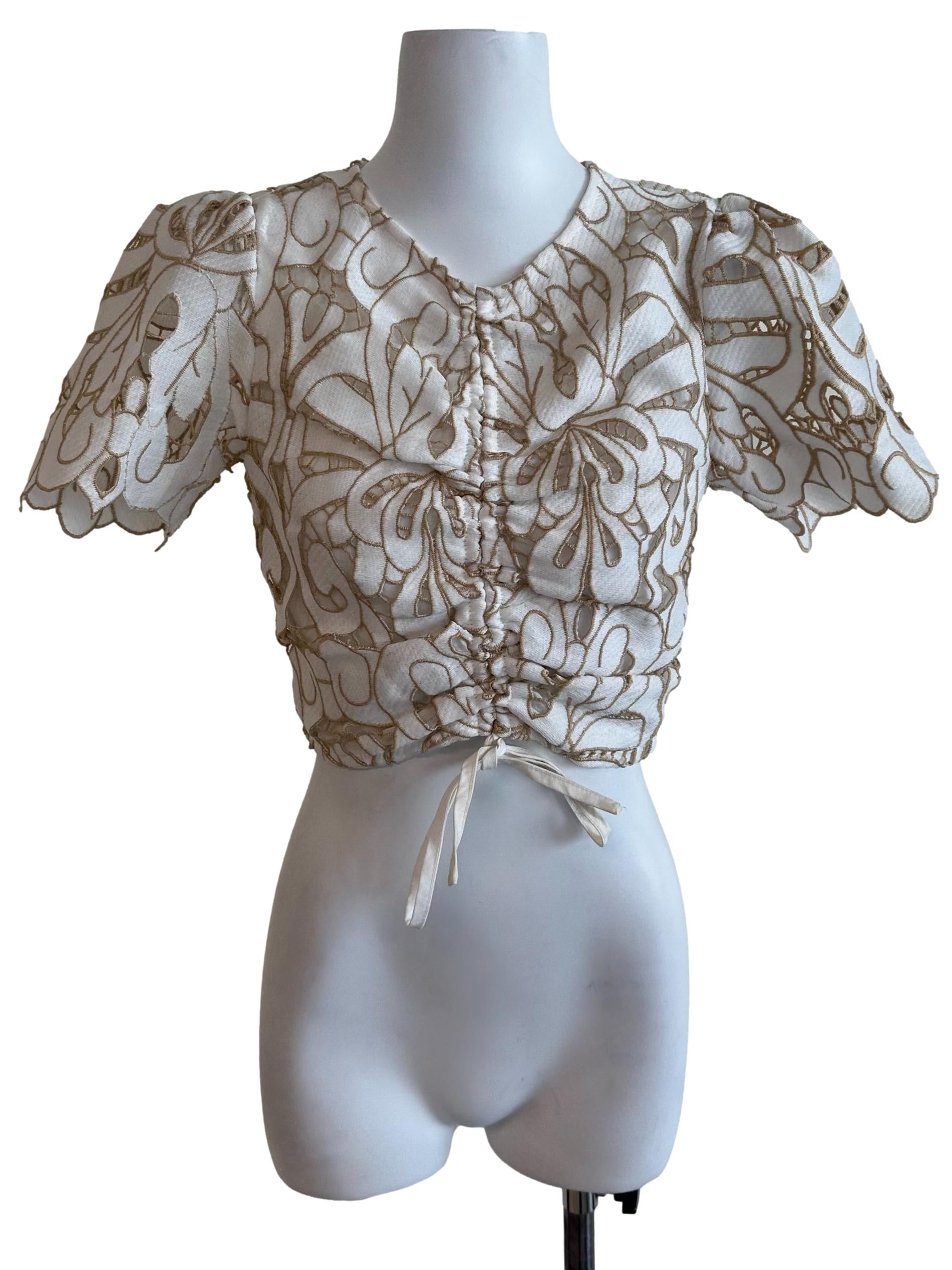 White Brown Lace Ruched Top