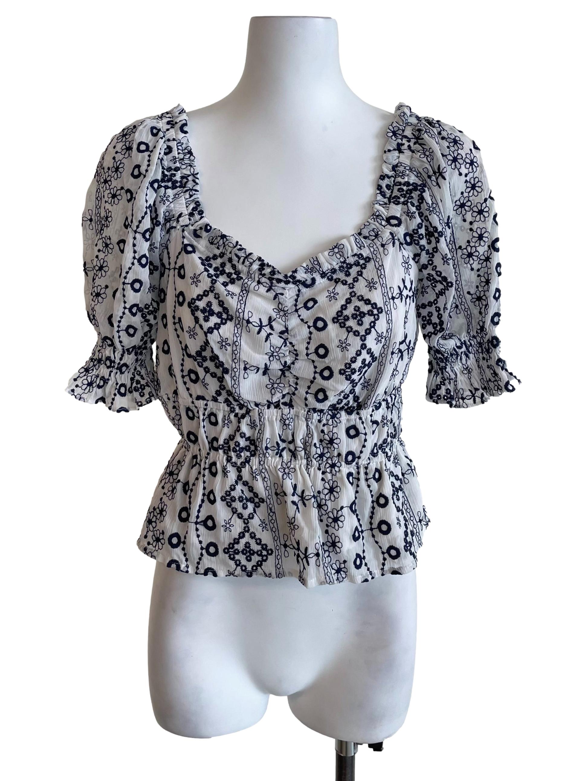 White Floral Ruched Chiffon Top