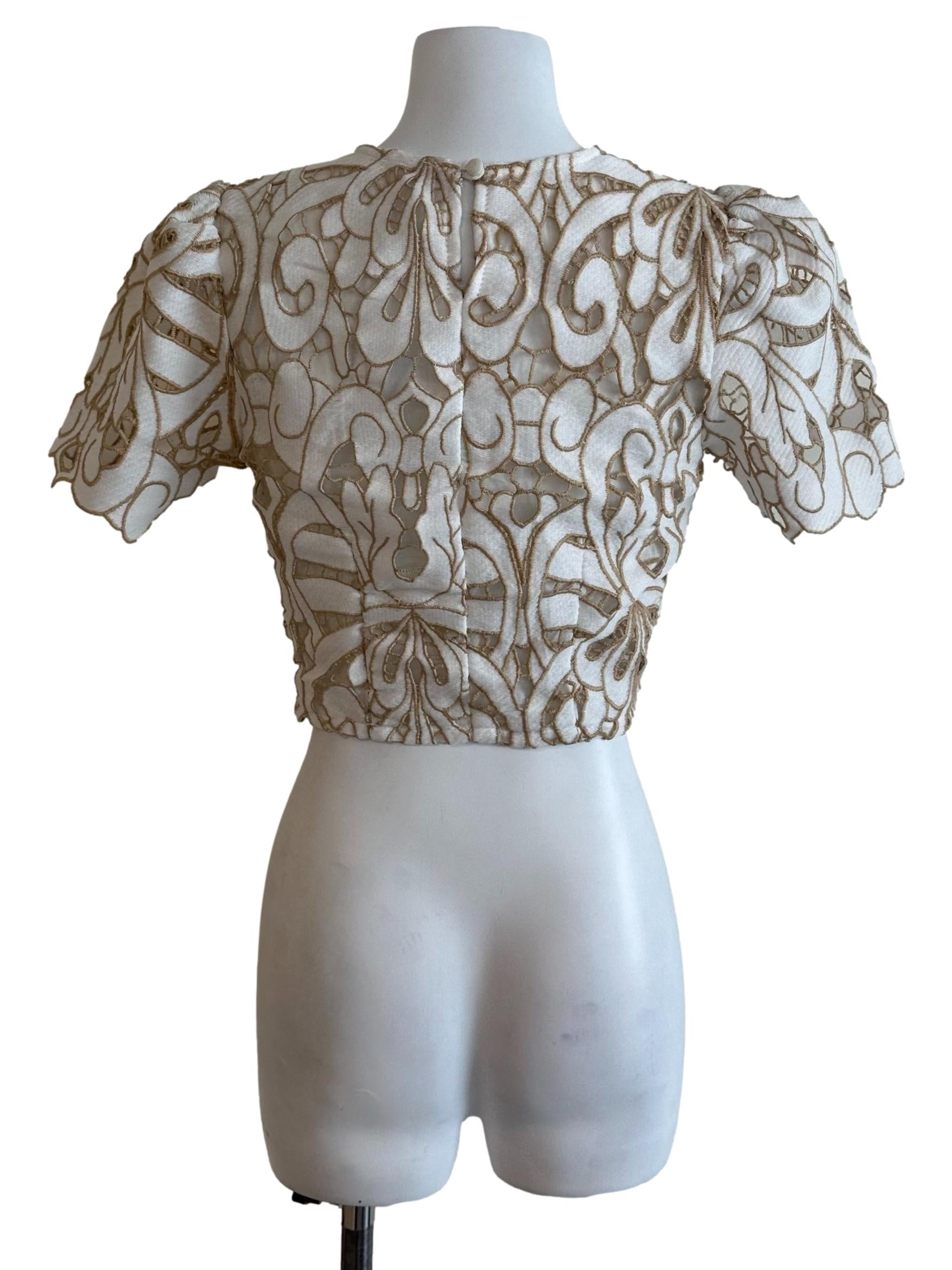 White Brown Lace Ruched Top