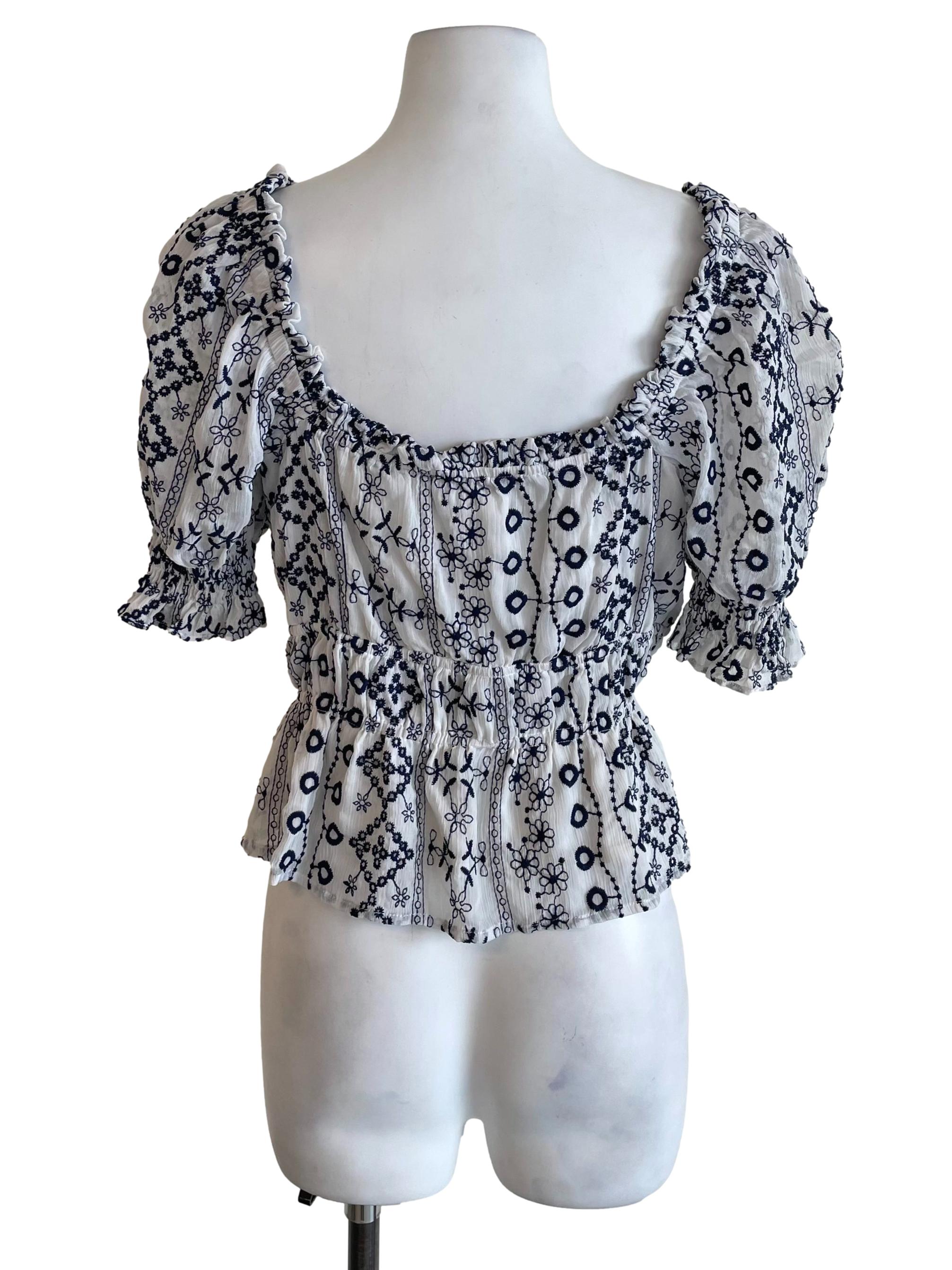 White Floral Ruched Chiffon Top