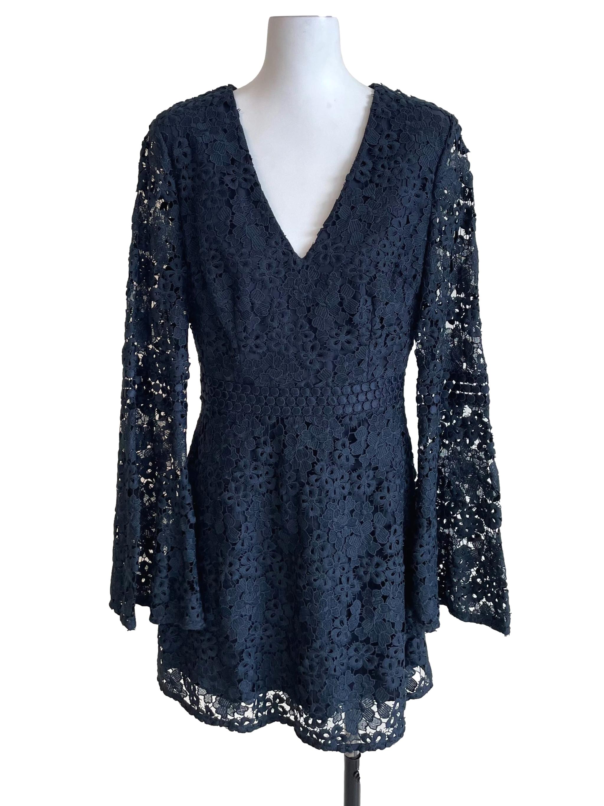Deep Navy Floral Bell Sleeves Dress