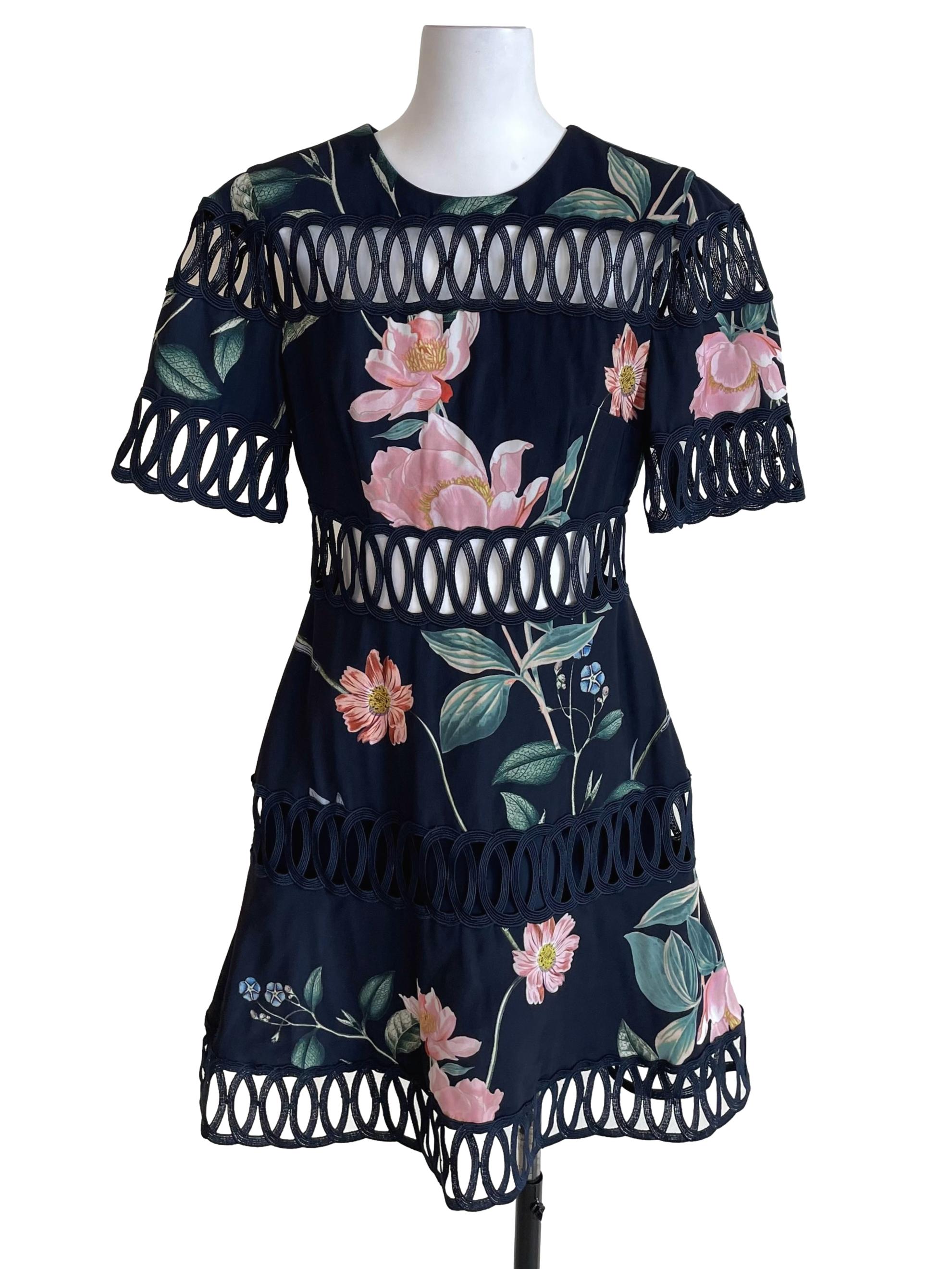 Navy Floral Hollow A-Line Dress