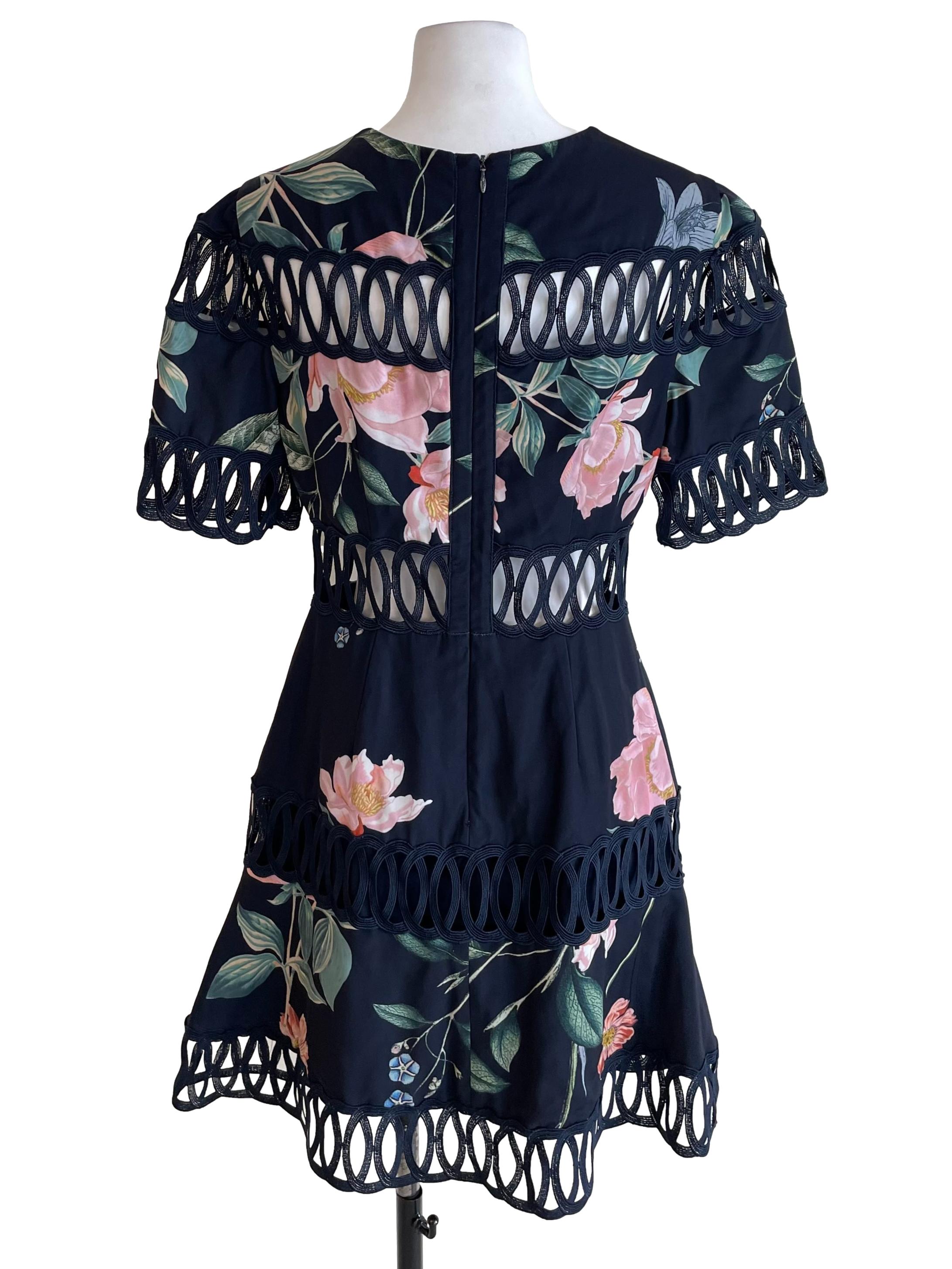 Navy Floral Hollow A-Line Dress