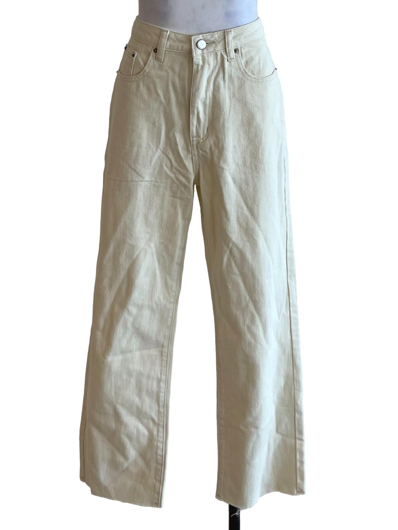 Cream White Denim High-Waisted Wide-Leg Jeans