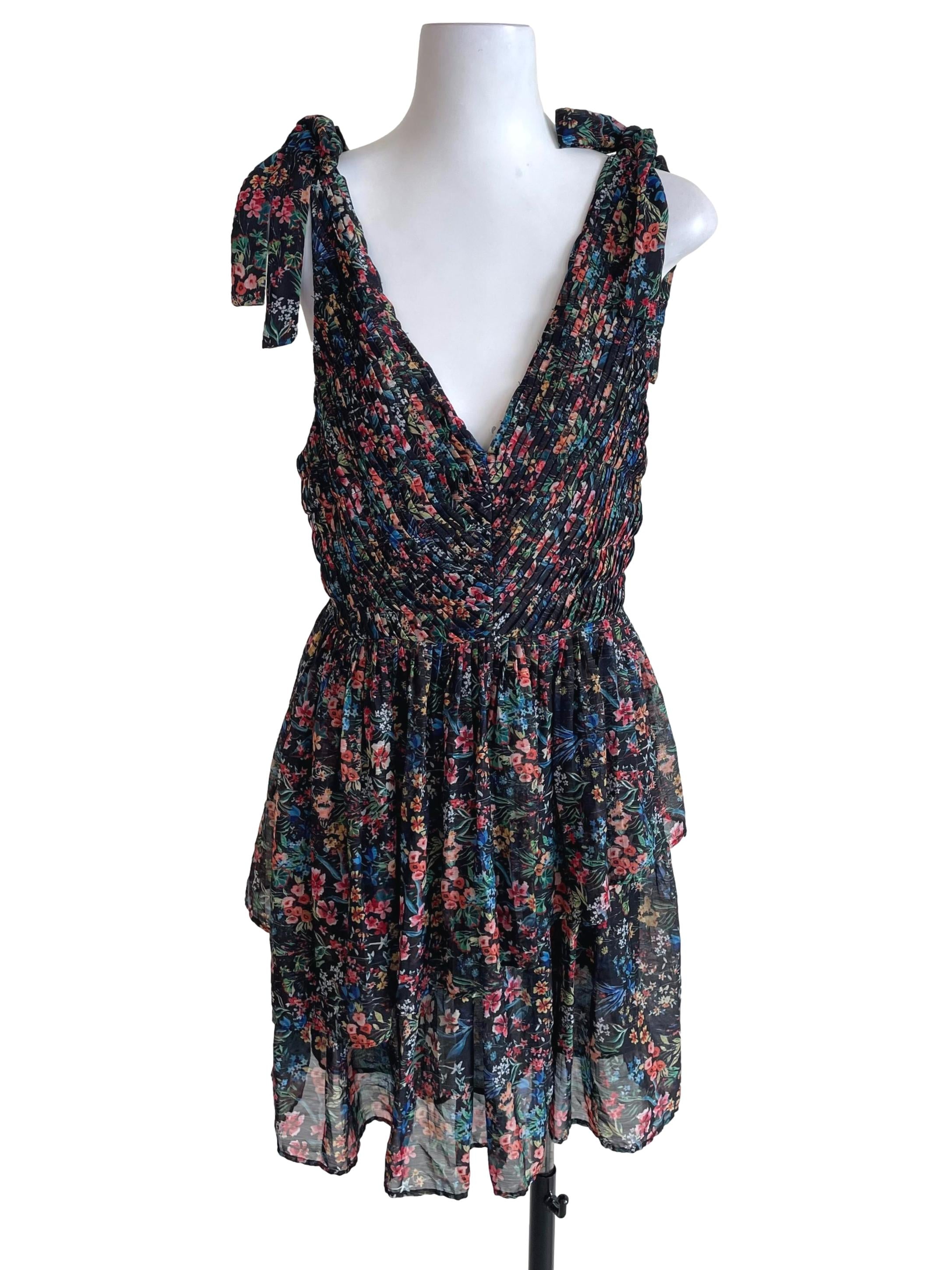 Black Floral Tie Straps Accordion Dress