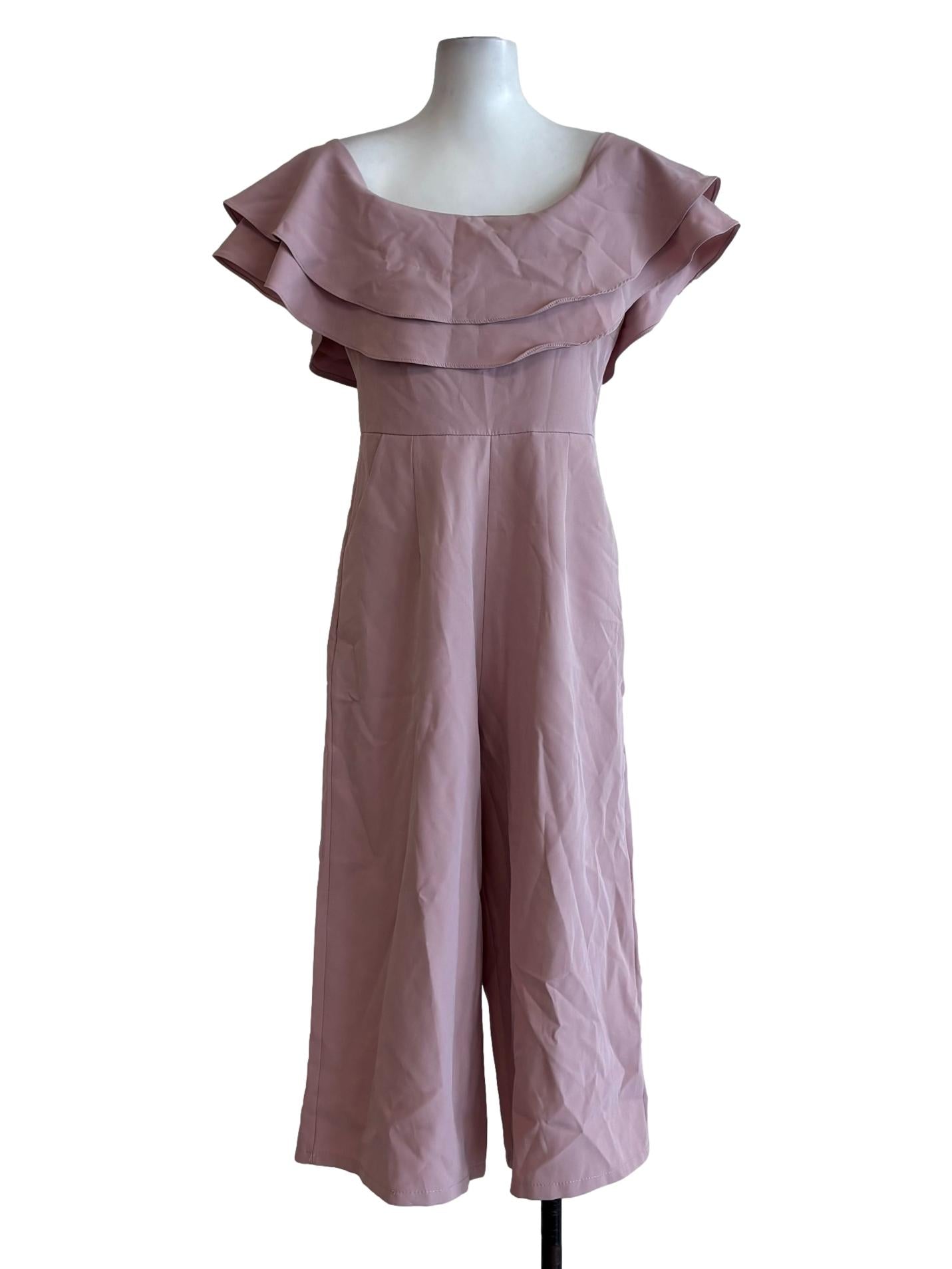 Nude Pink Ruffled Neckline Sleeveless Jumpsuit