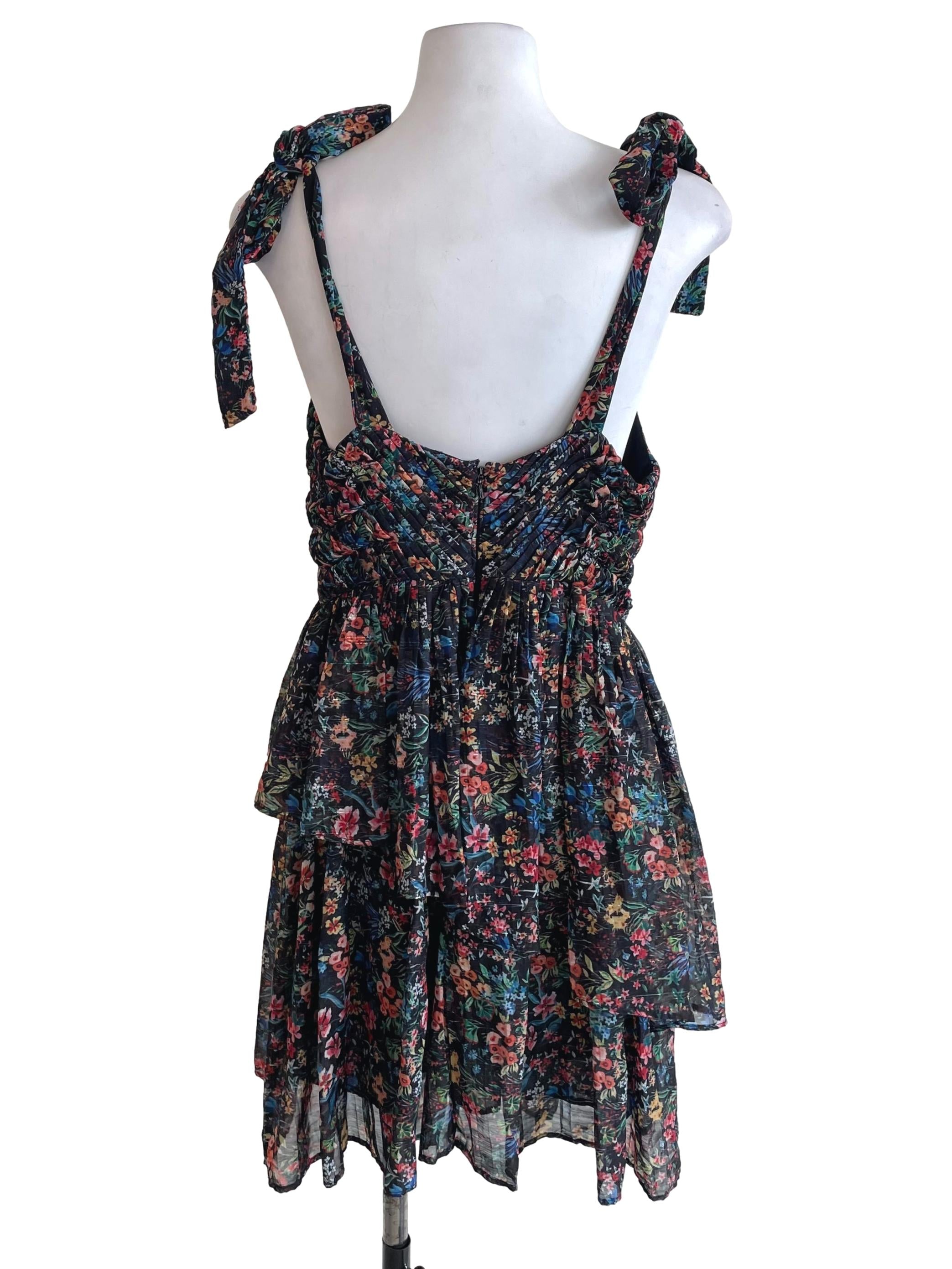 Black Floral Tie Straps Accordion Dress