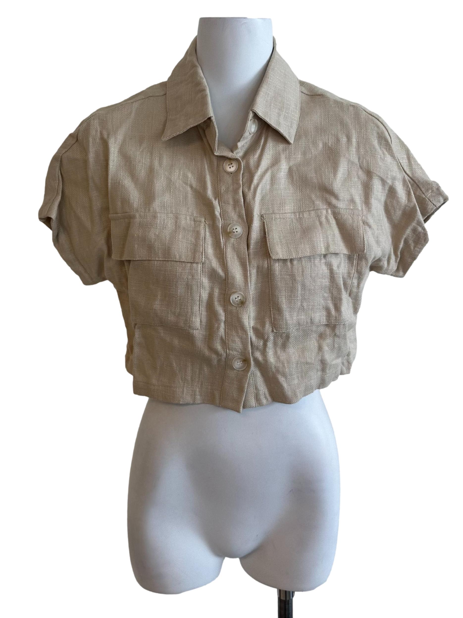 Sand Beige Collar Linen Button Top