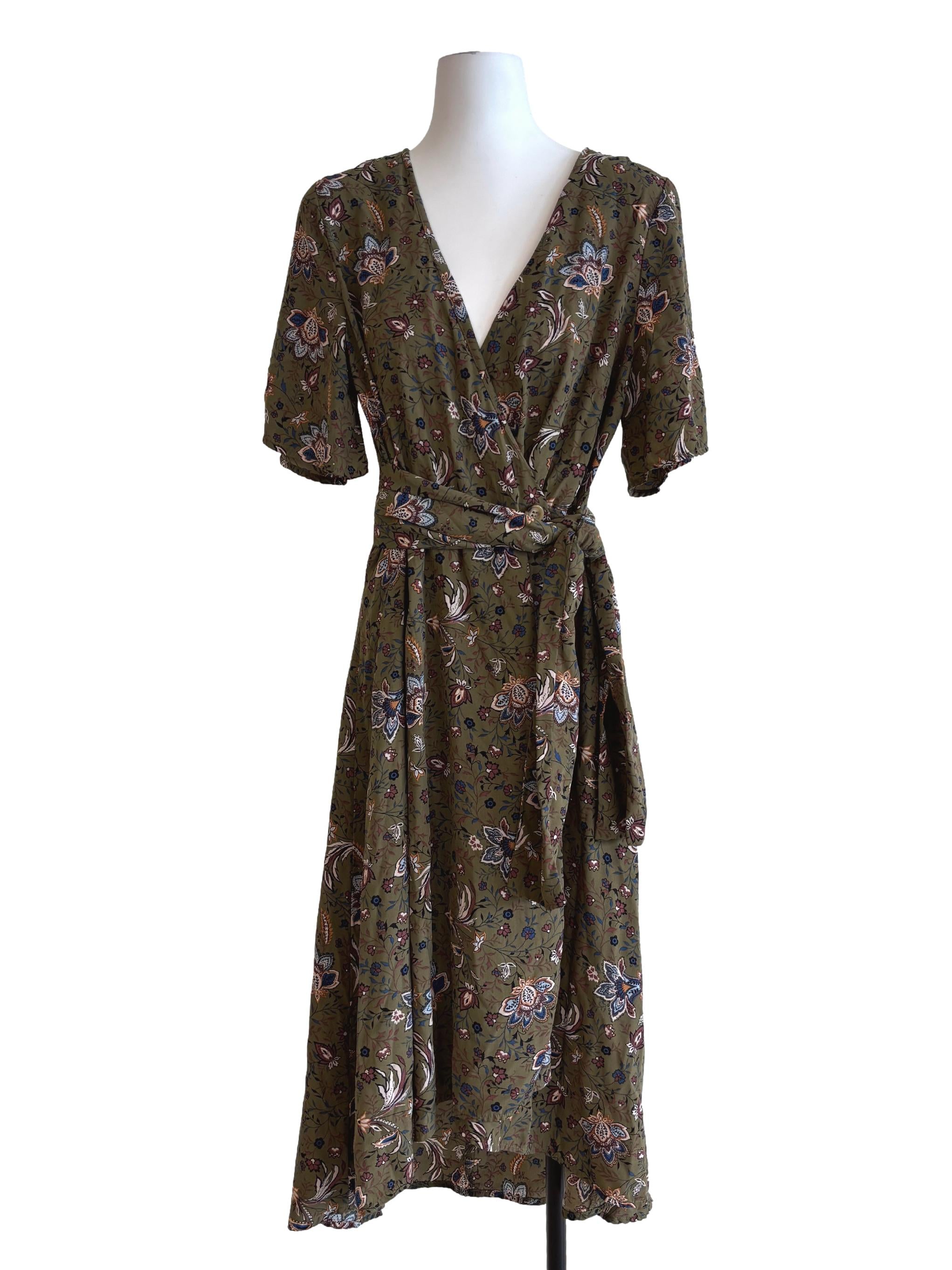 Moss Green Patterned Wrap Dress