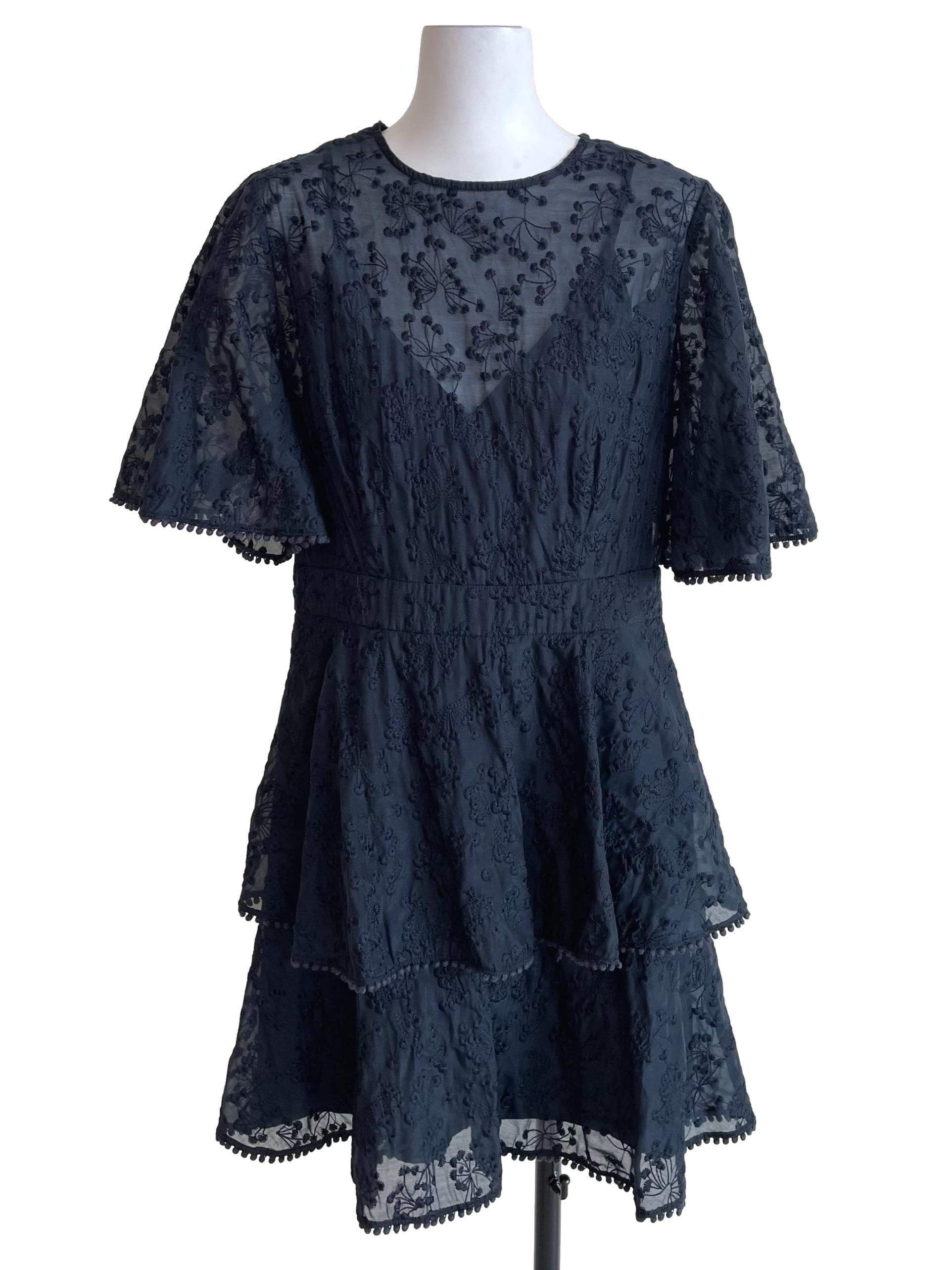 Ink Black Floral Lace Layered Dress