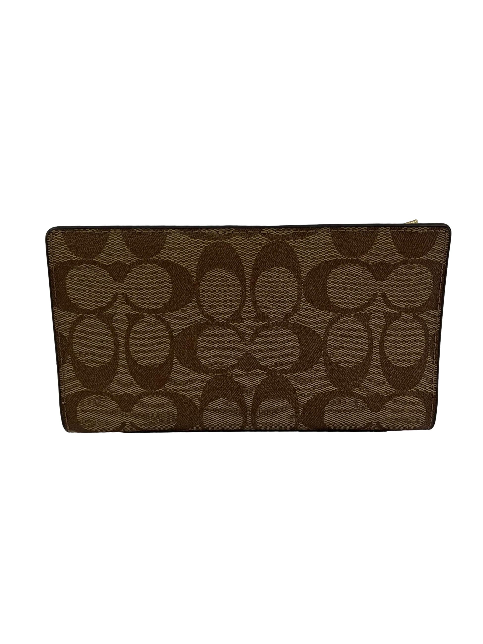 Brown Leather Slim Zip In Signature Canvas Long Wallet And Card Holder CSN