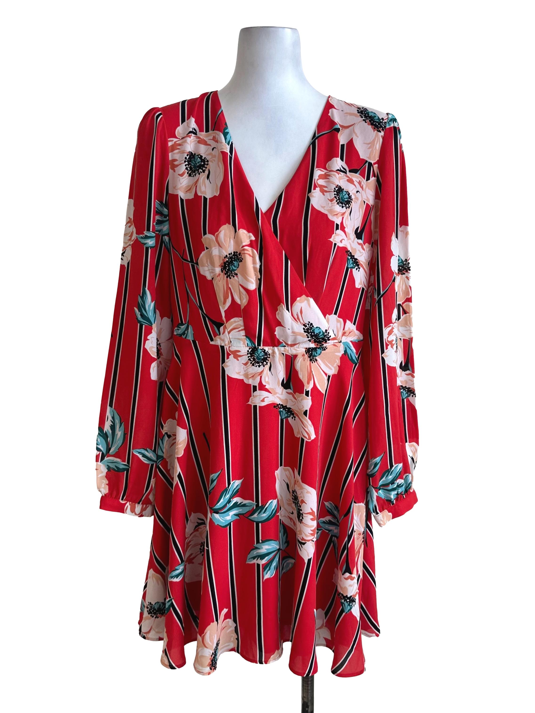 Sashay Red Floral Stripe V Neck Dress
