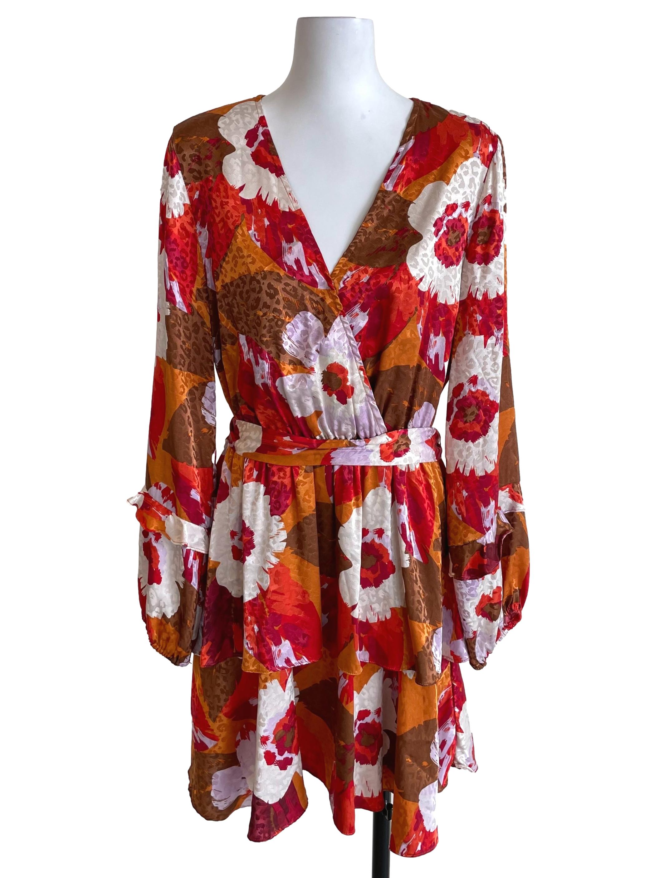 Caramel Brown & Red Floral Satin Layer Dress