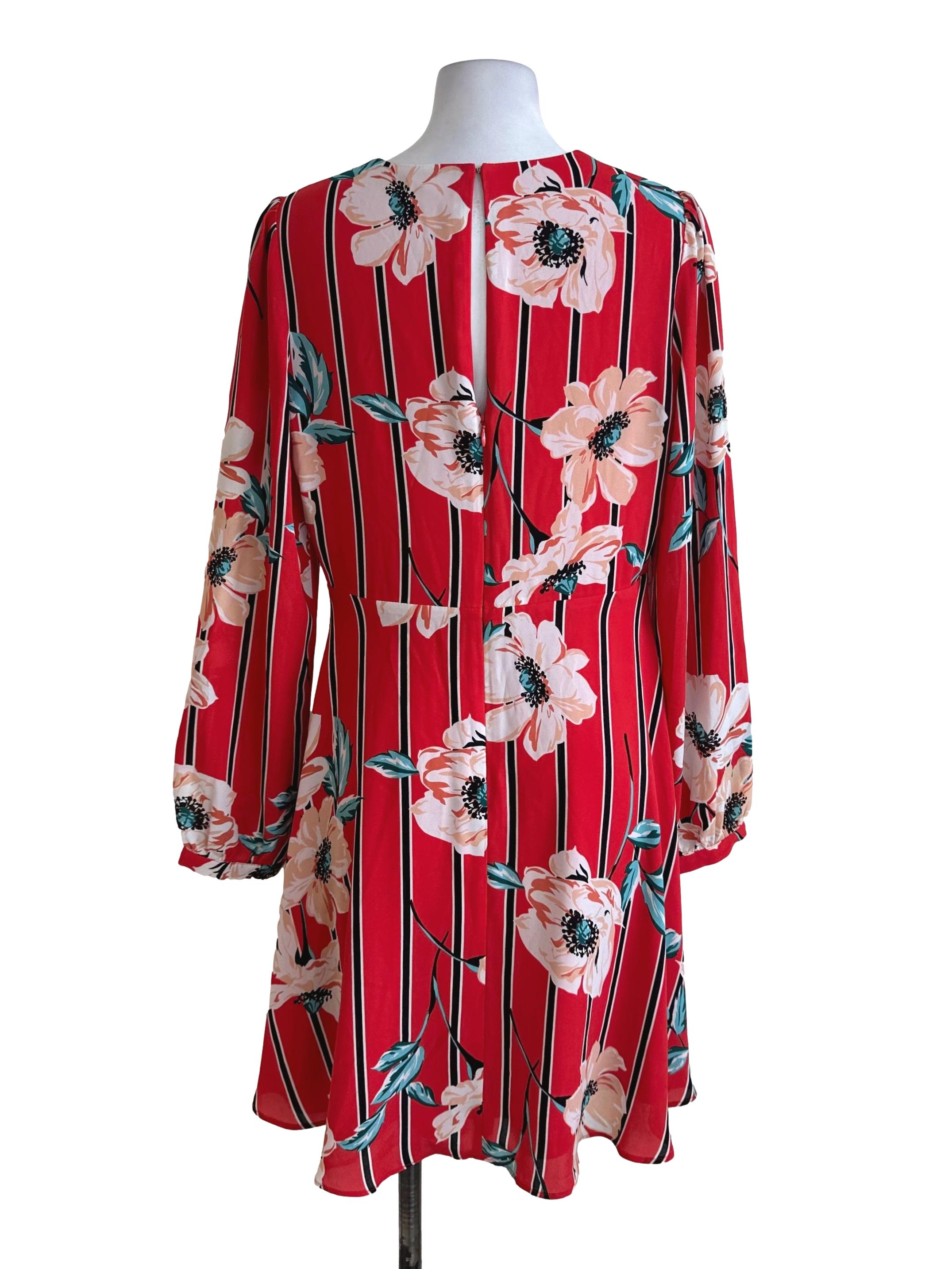 Sashay Red Floral Stripe V Neck Dress