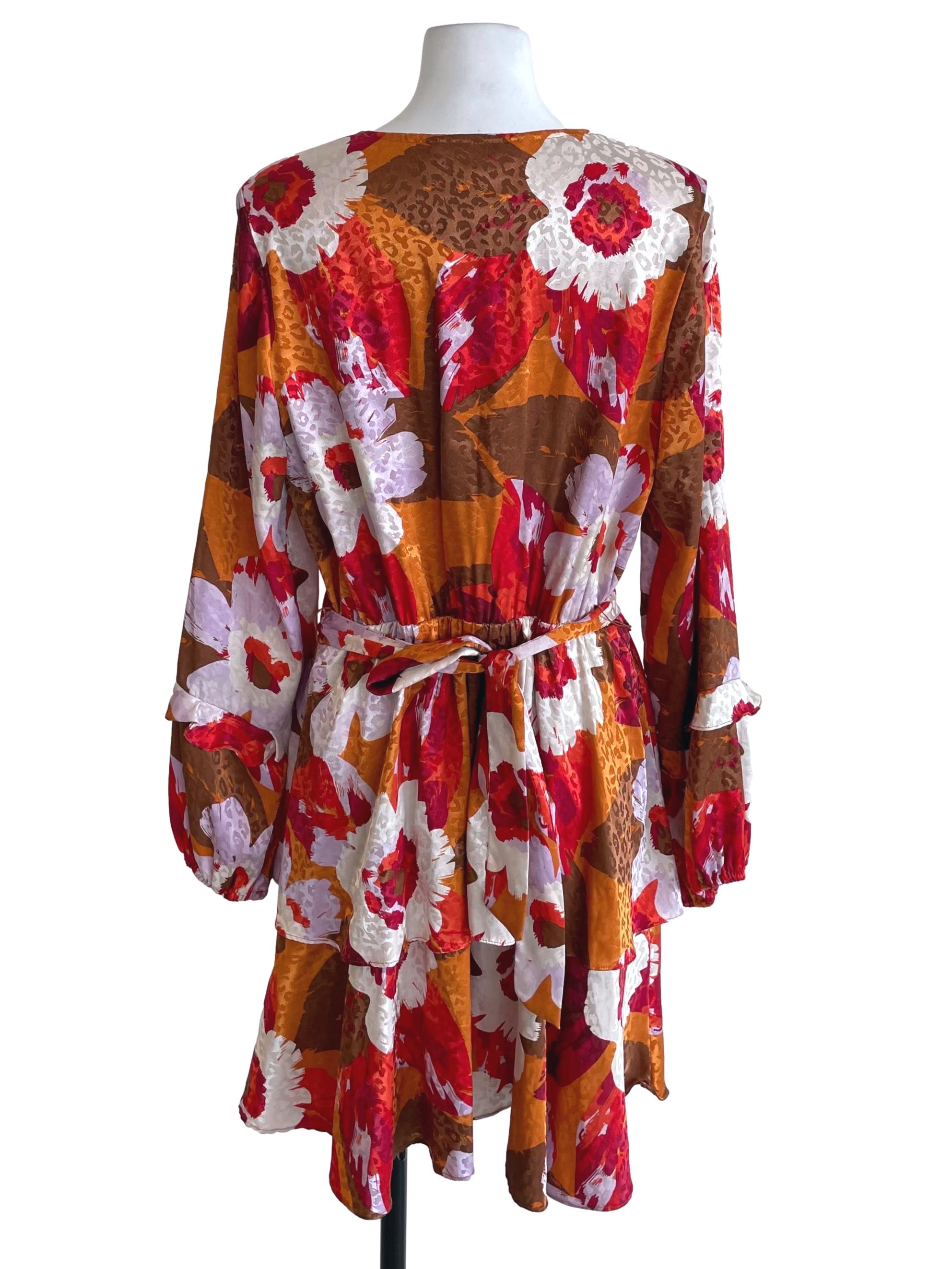 Caramel Brown & Red Floral Satin Layer Dress