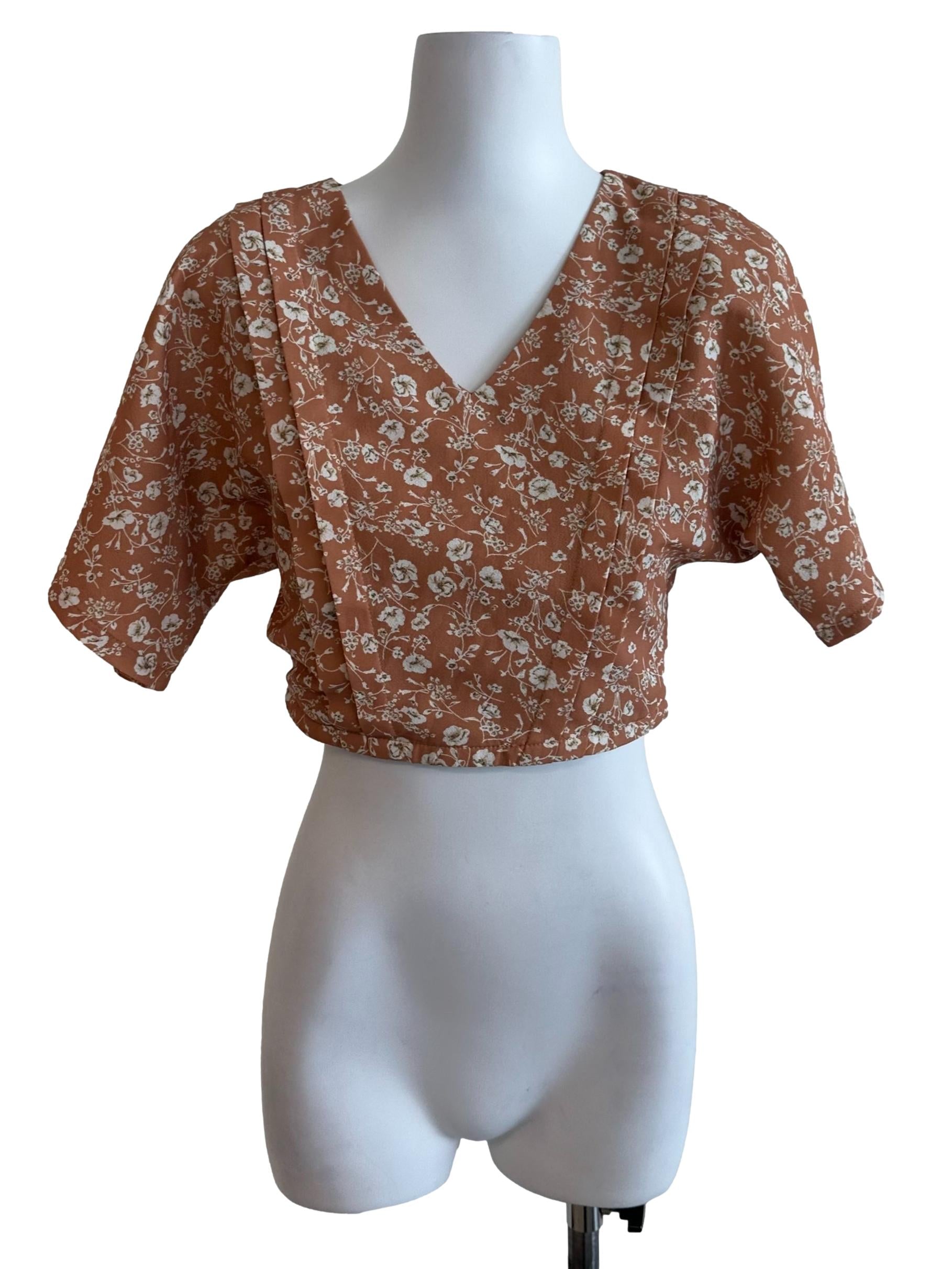 Caramel Brown Floral V Neck Top