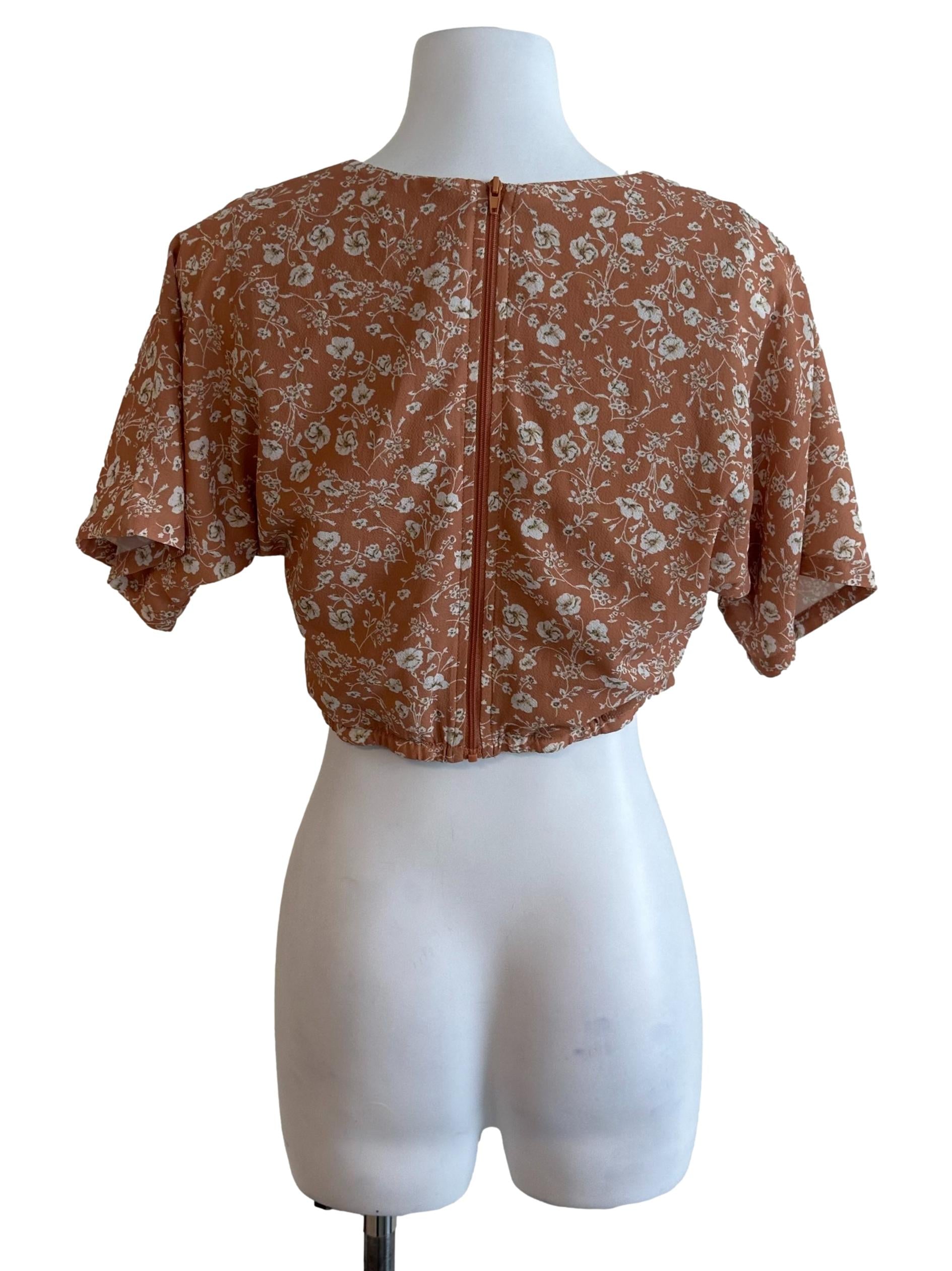 Caramel Brown Floral V Neck Top