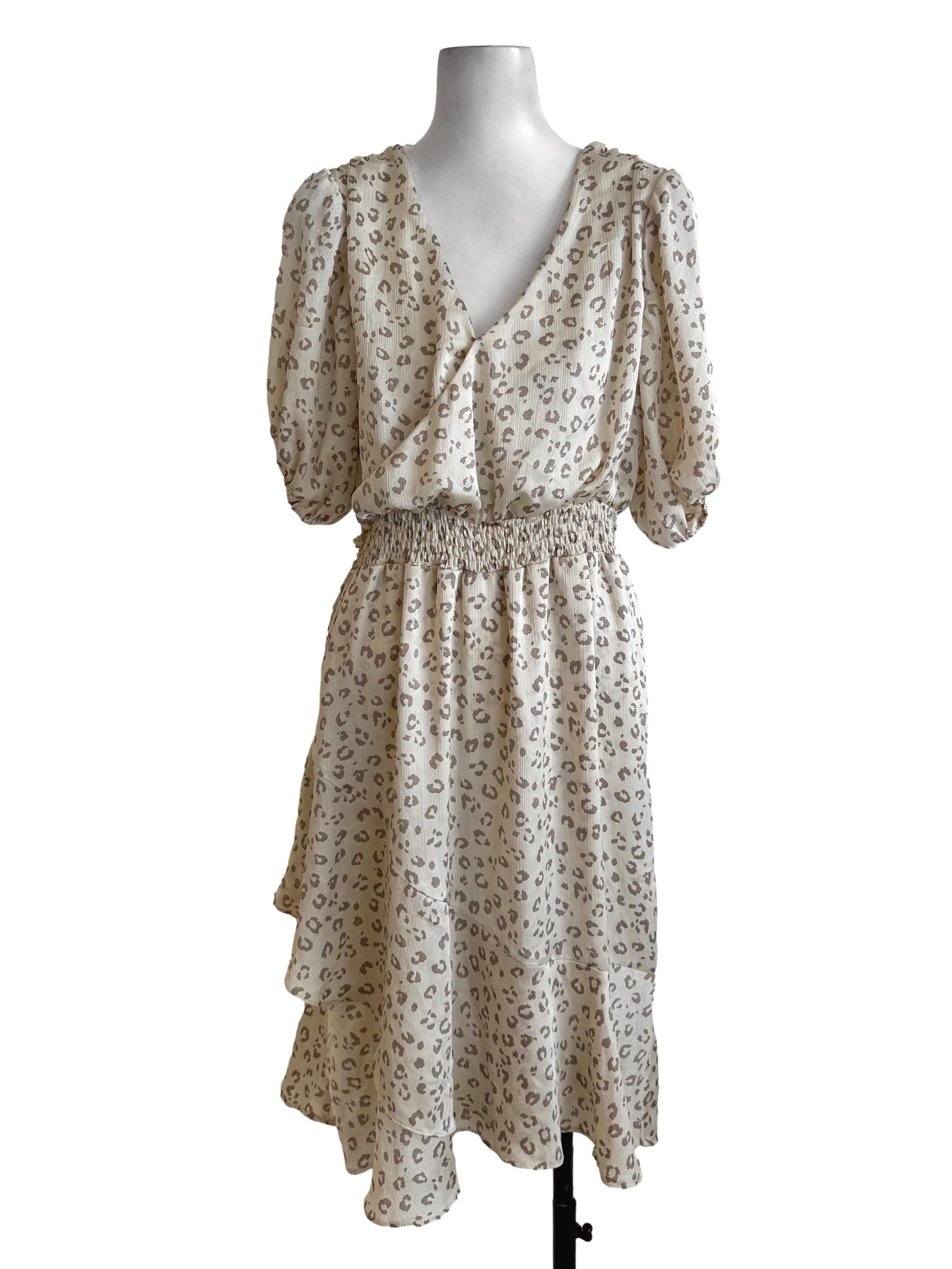 Cream Beige Pattern Textured  V Neck Dress
