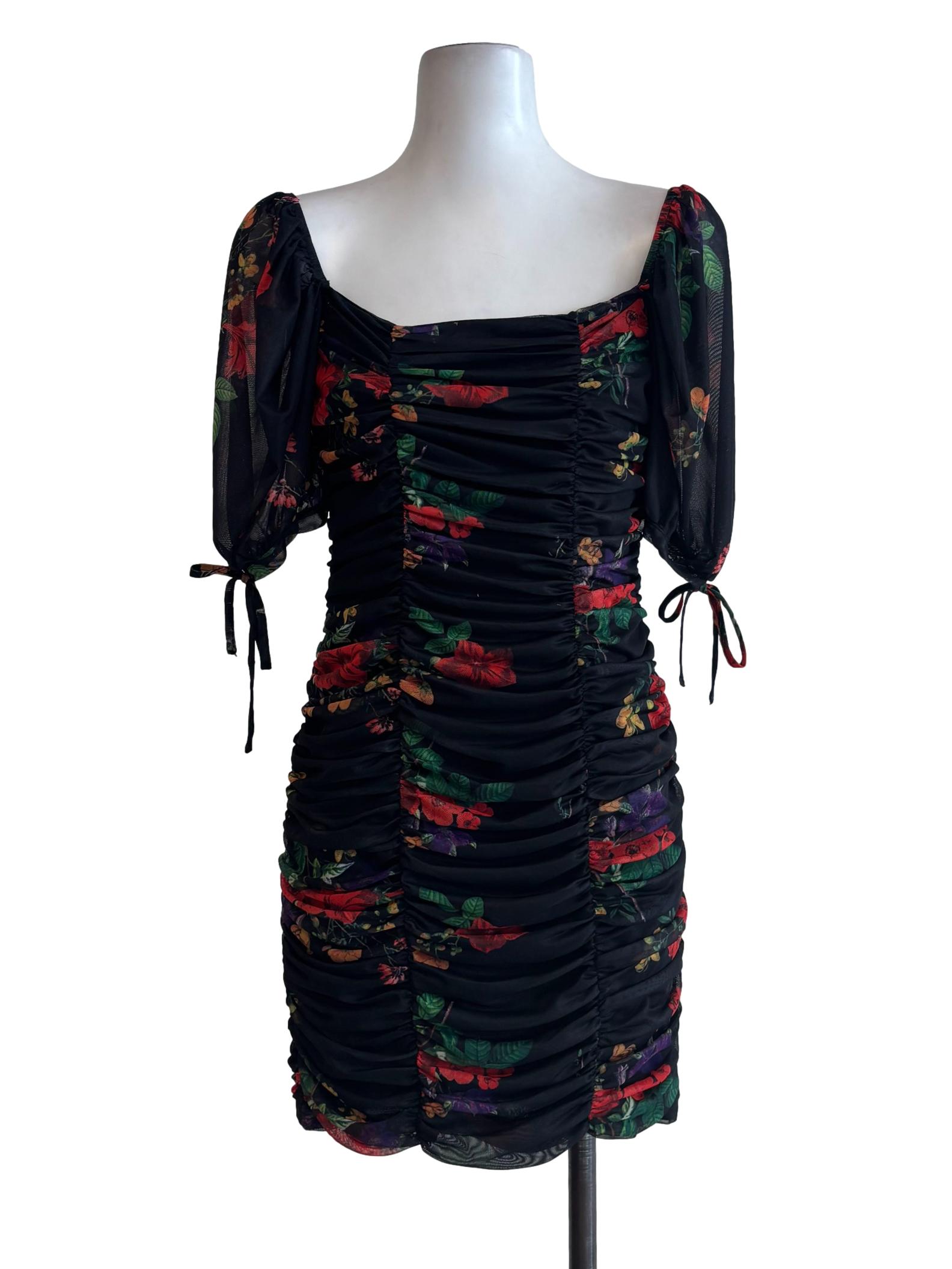 Jet Black Floral Ruched Dress