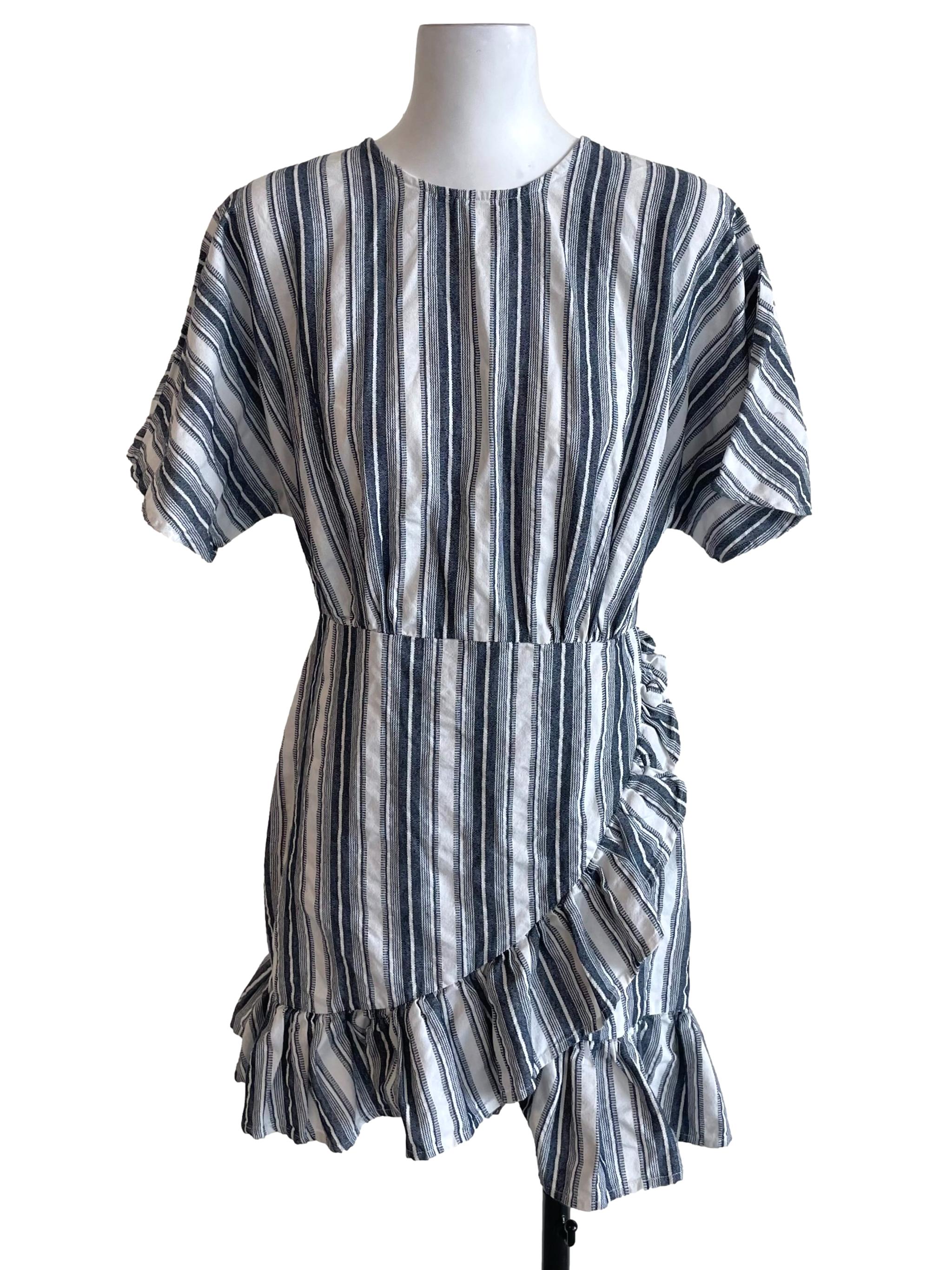 White & Anchor Grey Stripes Ruffle Dress