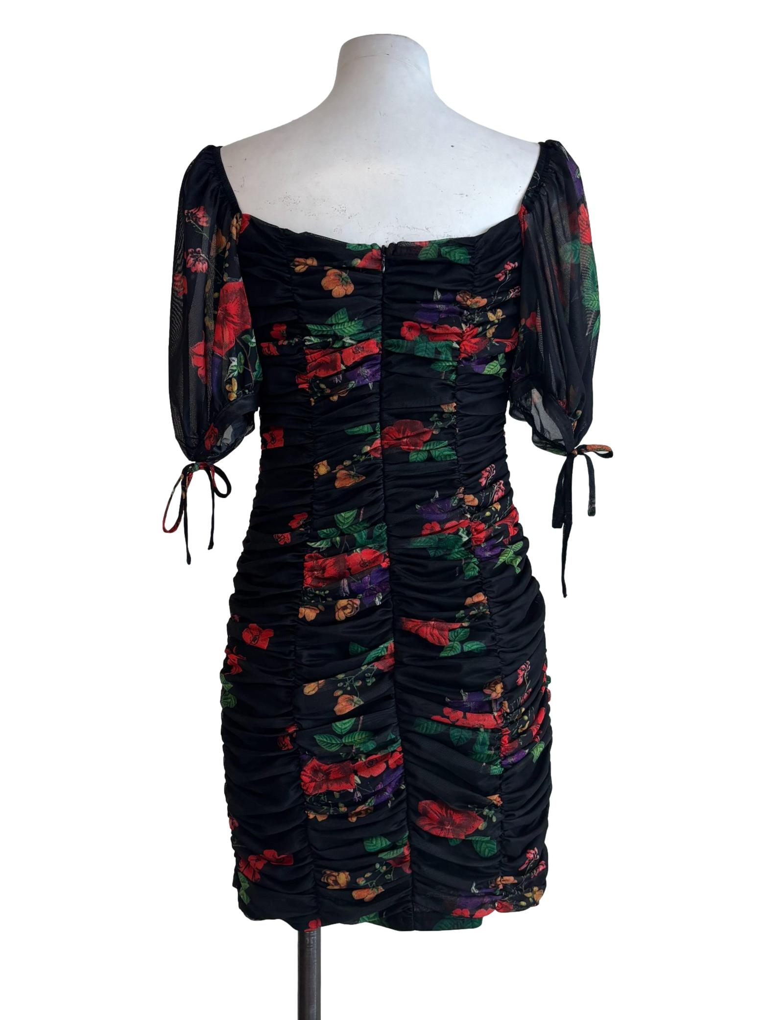 Jet Black Floral Ruched Dress