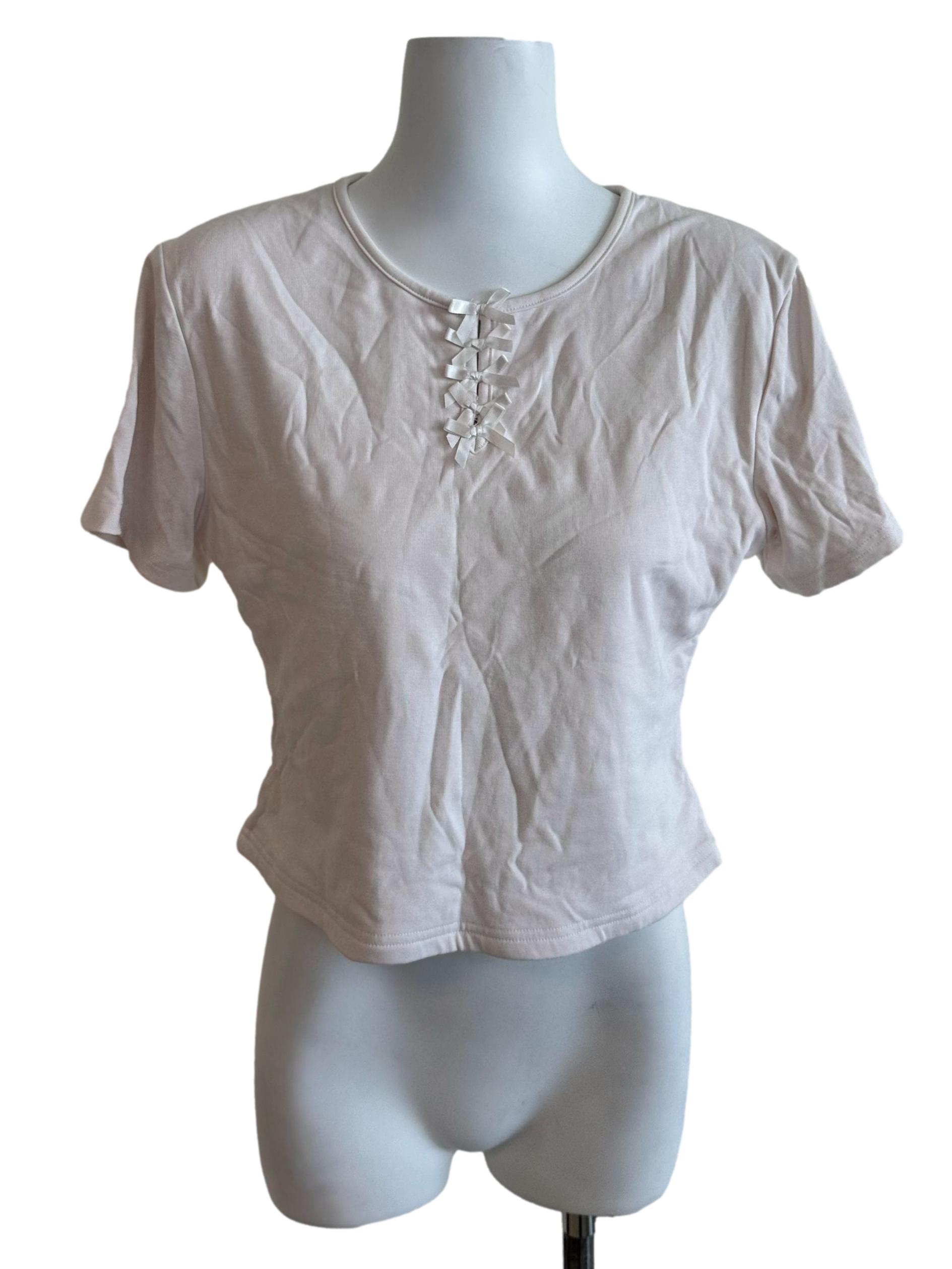 Pale Pink Ribbon Round Neck Top