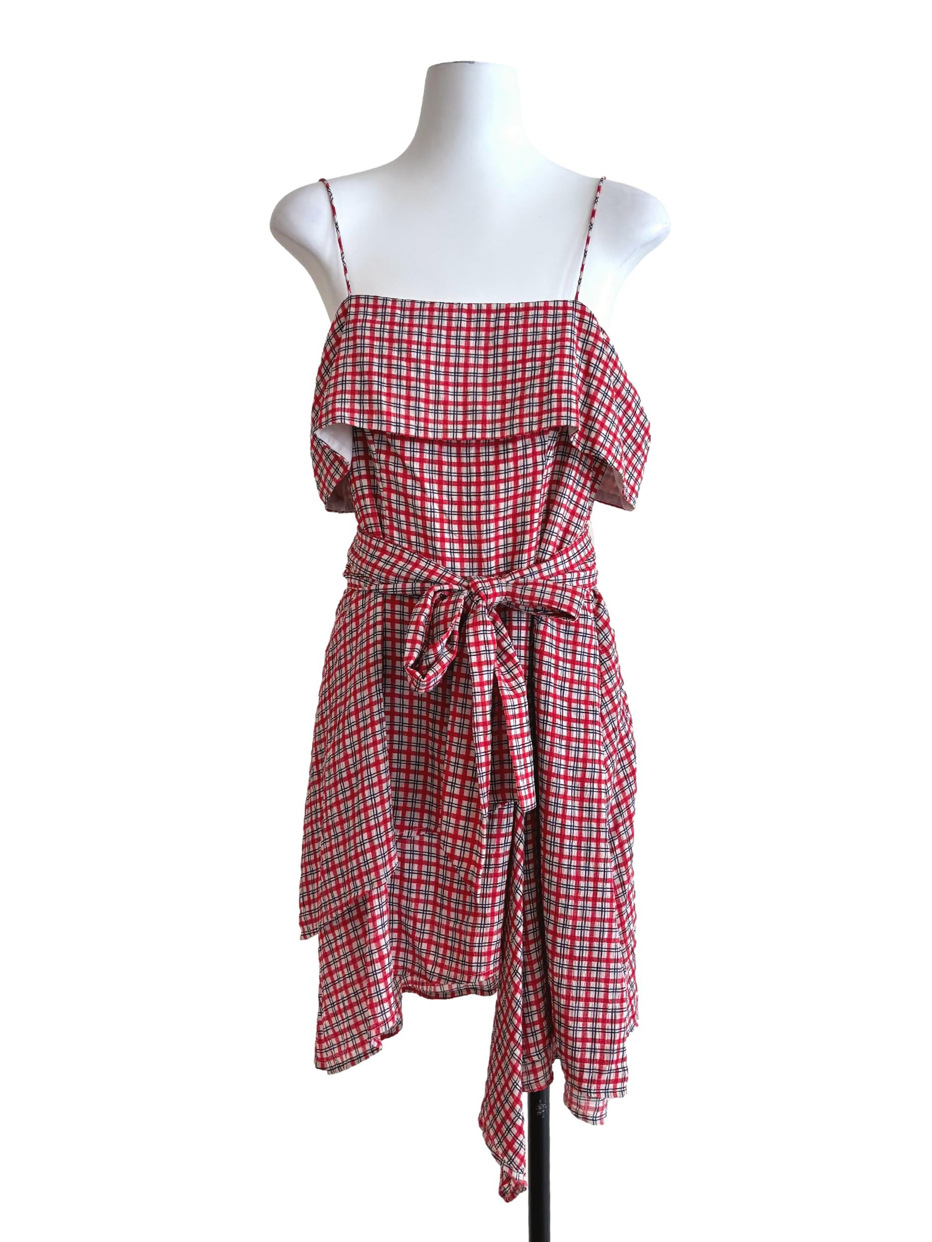 Candy Red Spaghetti Strap Checkered Dress
