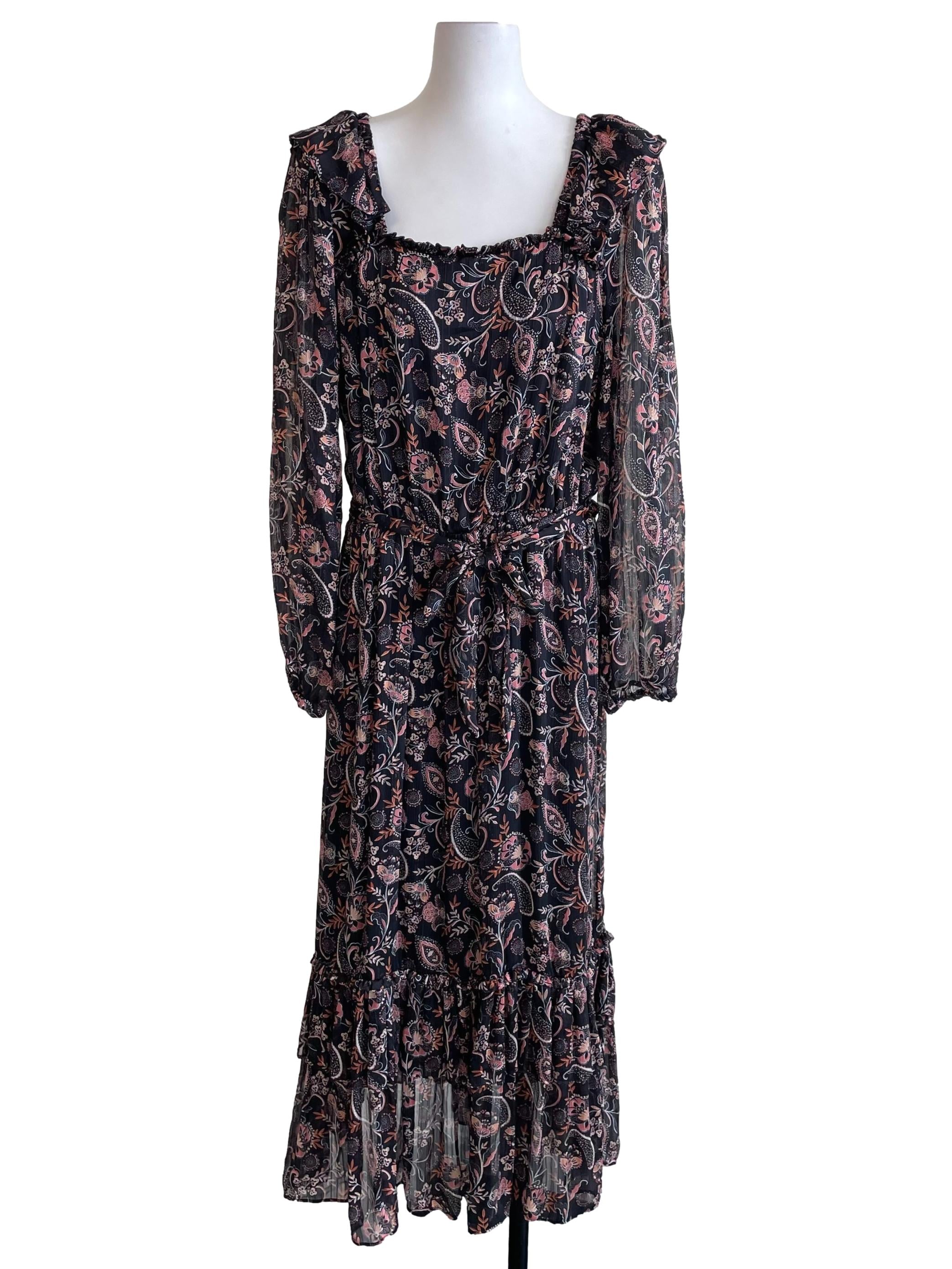 Charcoal Paisley Print Square Neck Dress