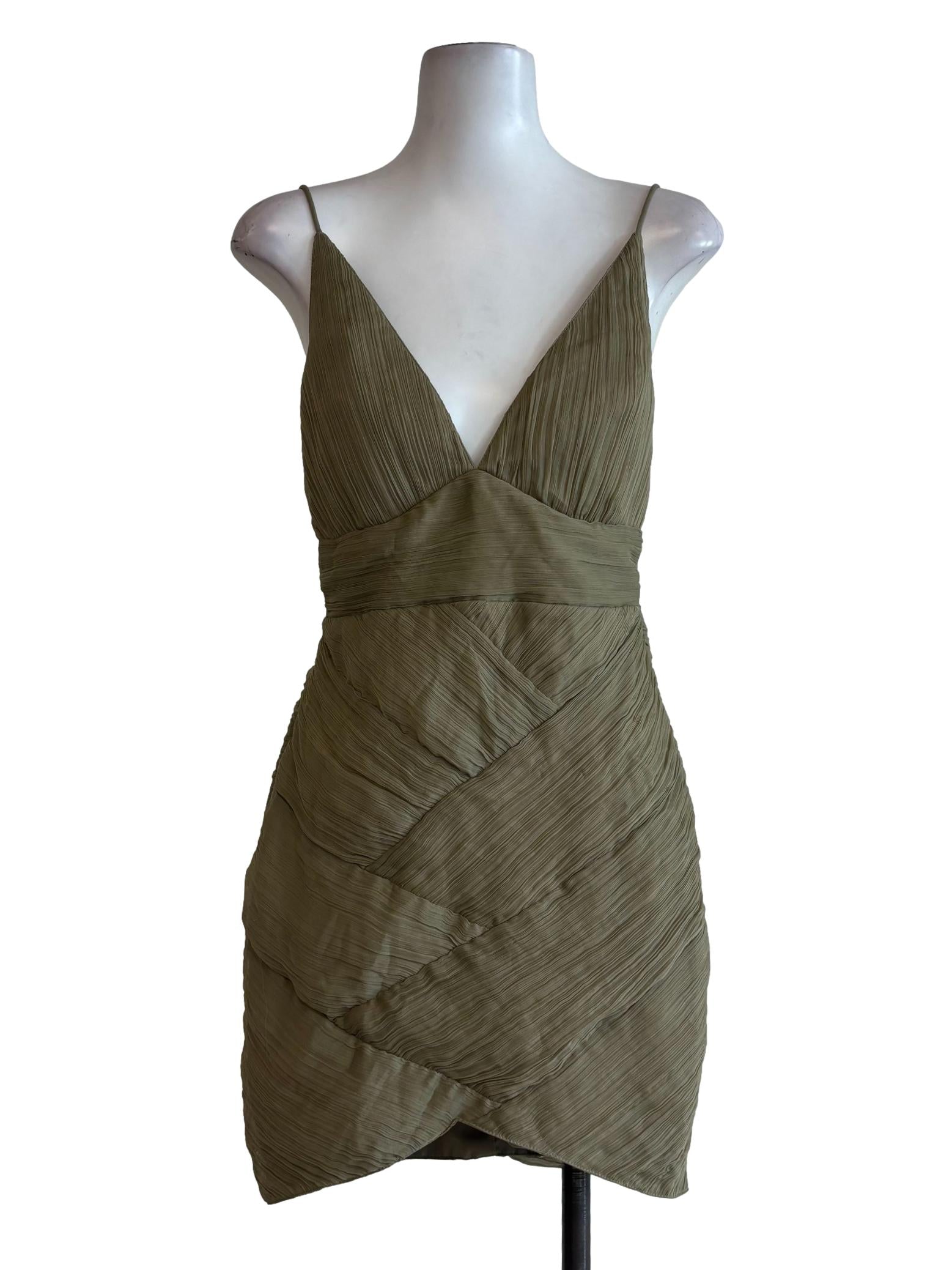Moss Green Plunged Neck Spaghetti Strap Dress