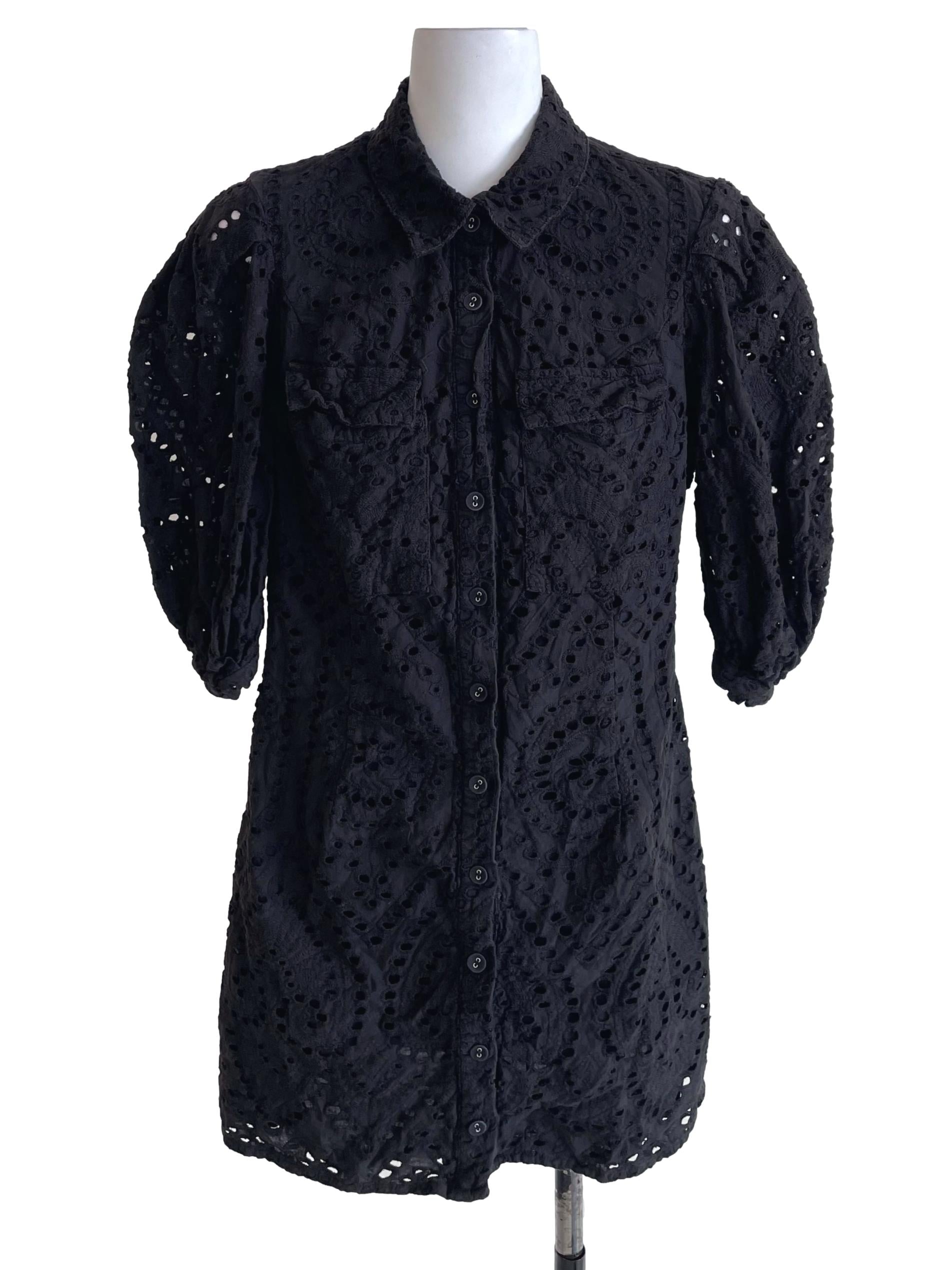 Crow Black Eyelets Mid Sleeves Shirt Dress