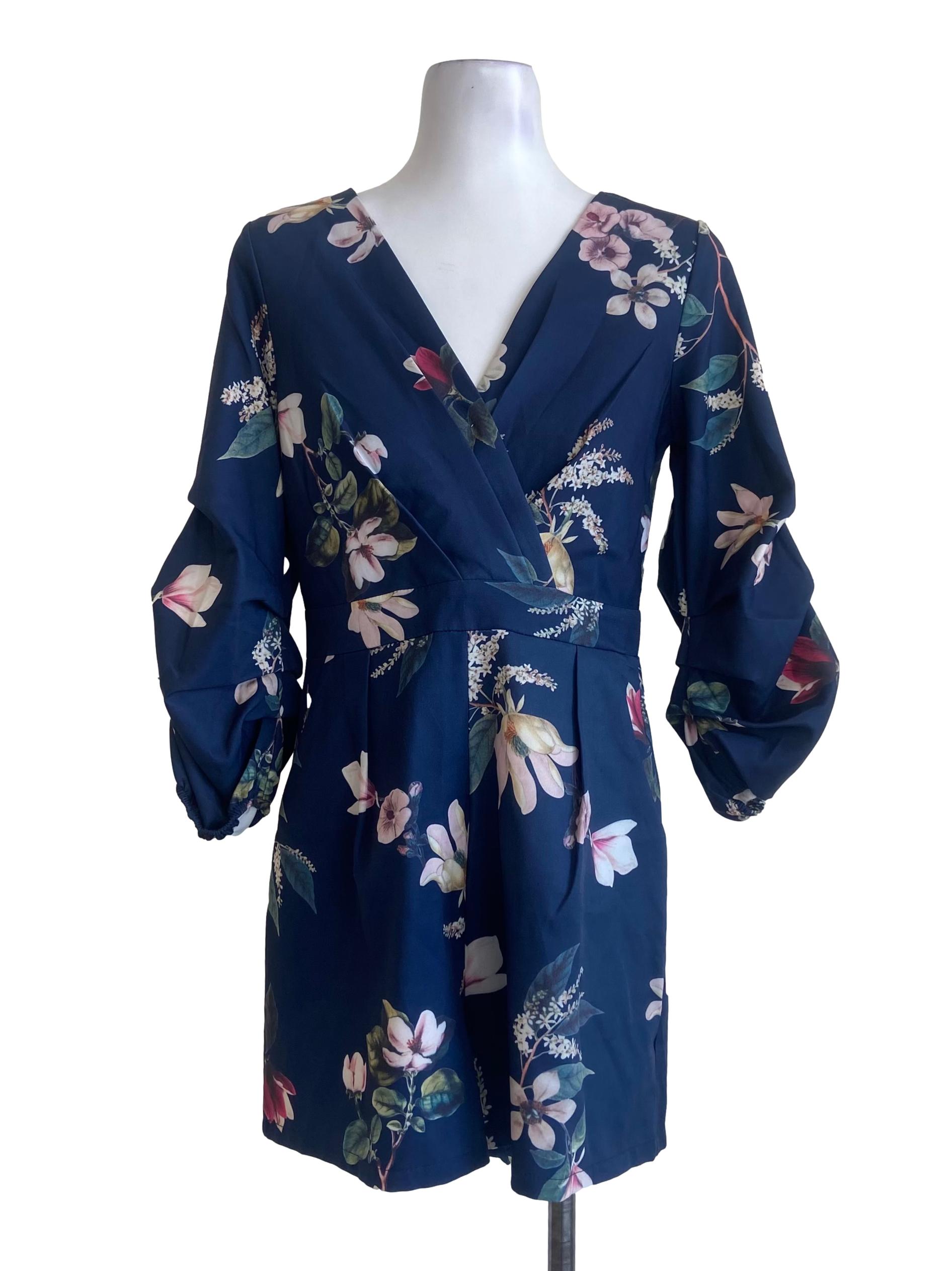 Navy Blue Floral V Neck Romper