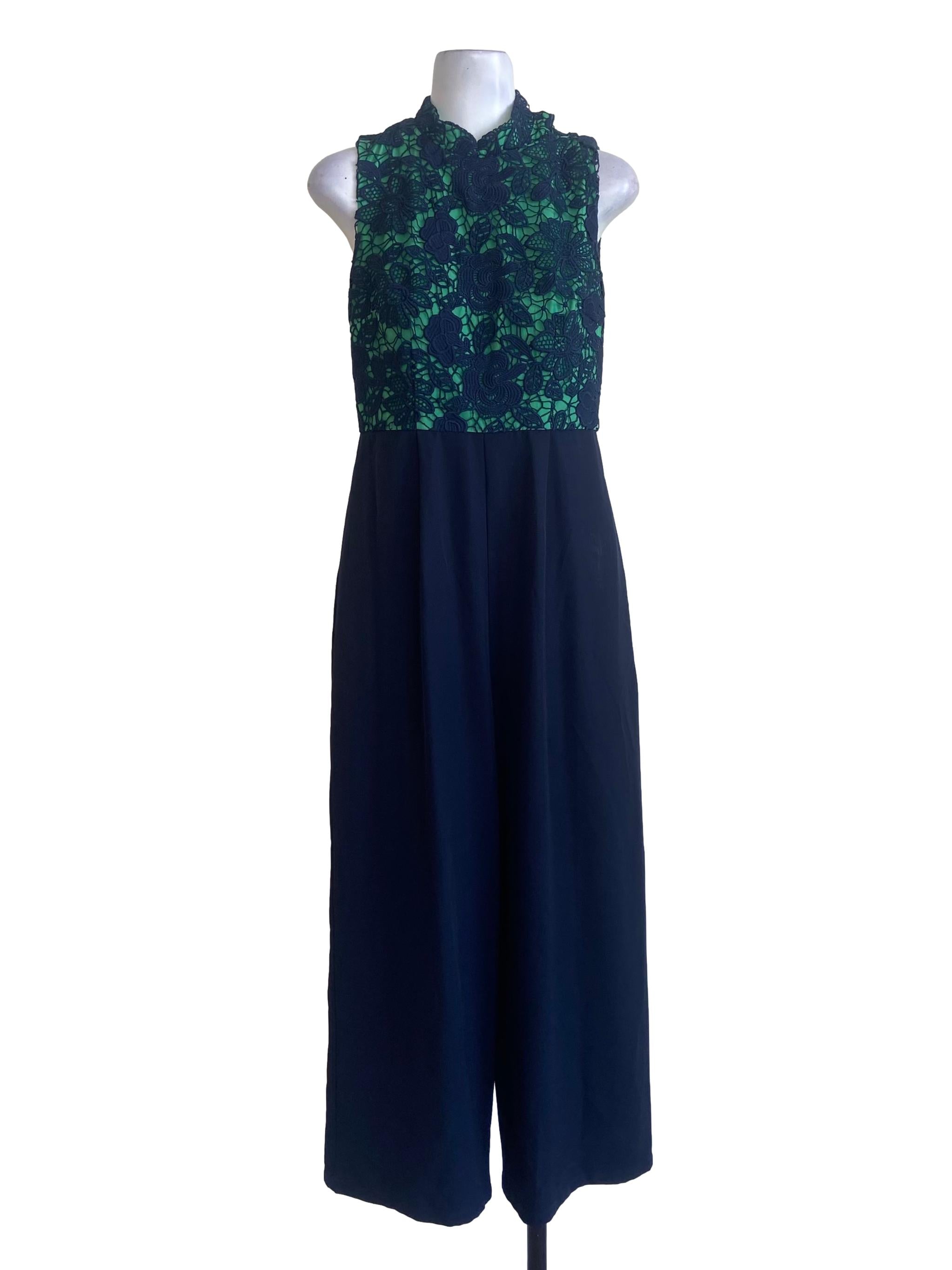 Denim Blue Floral Lace Sleeveless Jumpsuit