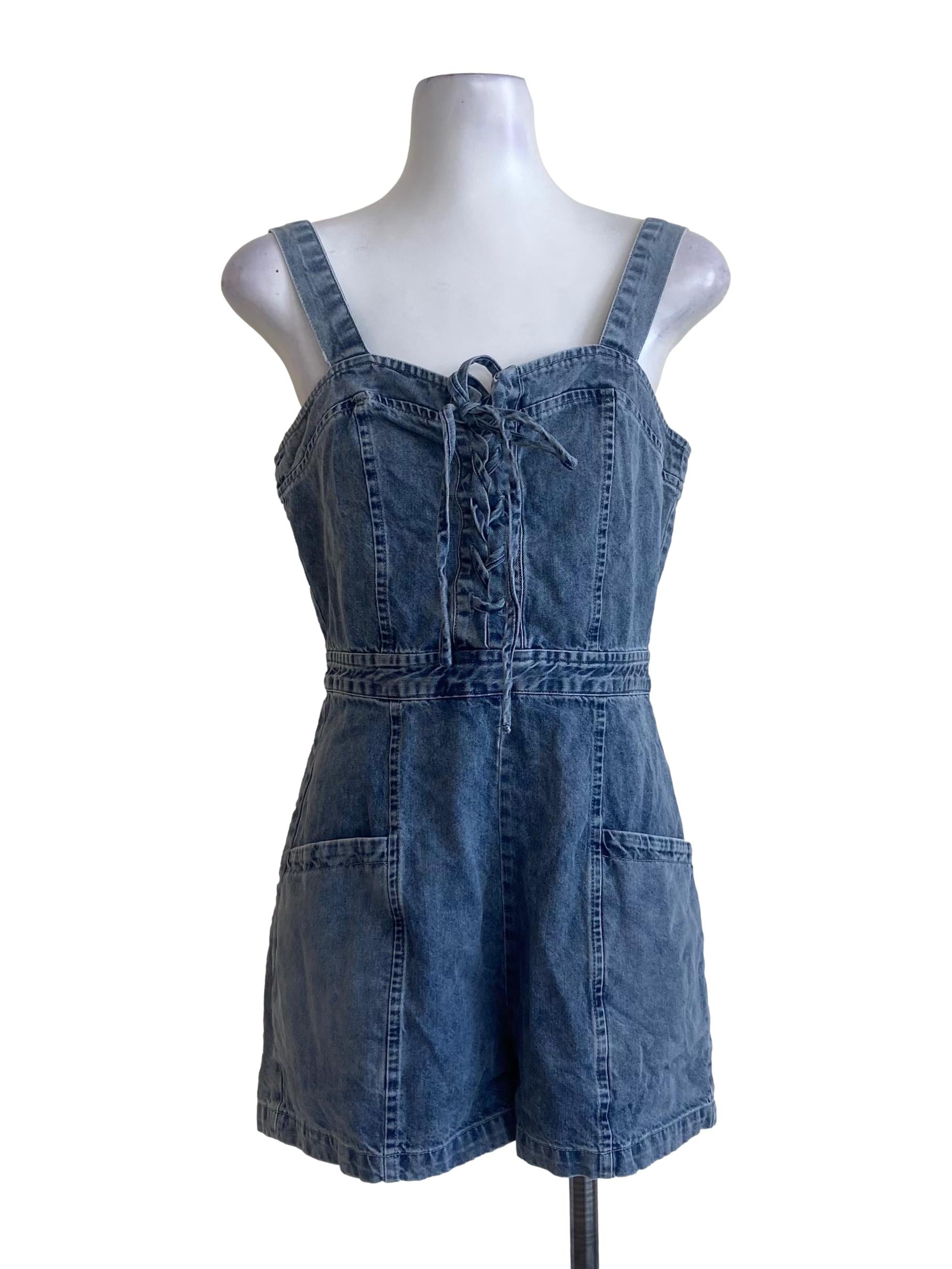 Blue Front Knot Herringbone Sleeveless Jeans Romper