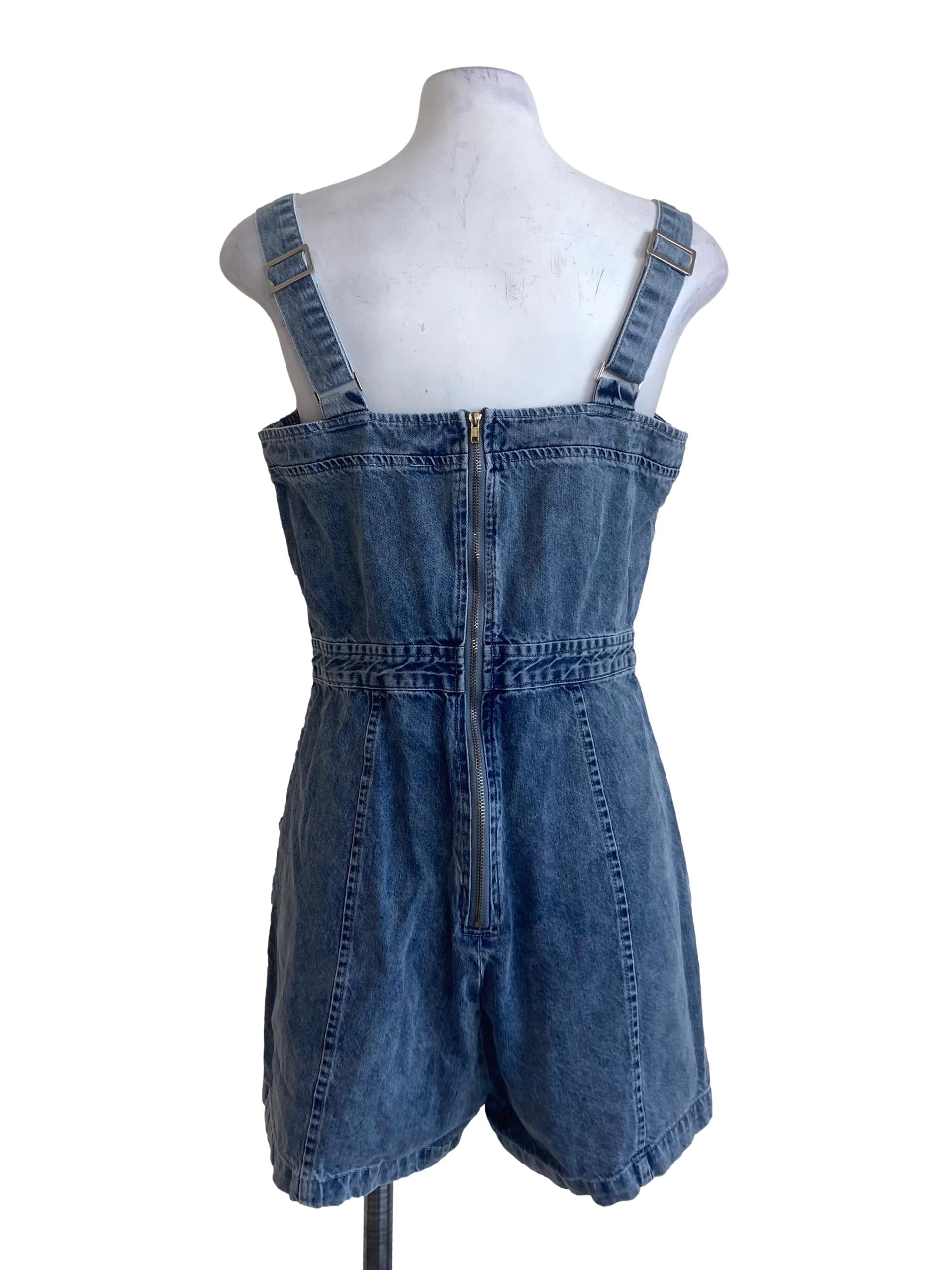 Blue Front Knot Herringbone Sleeveless Jeans Romper
